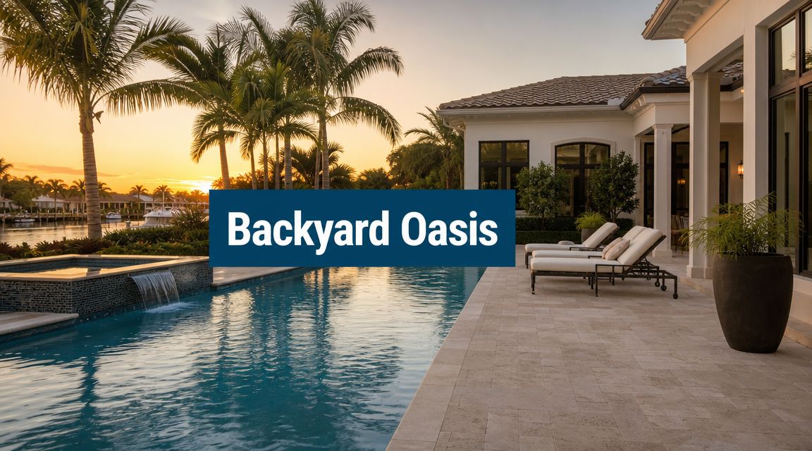 a luxury home with palm trees and a large pool