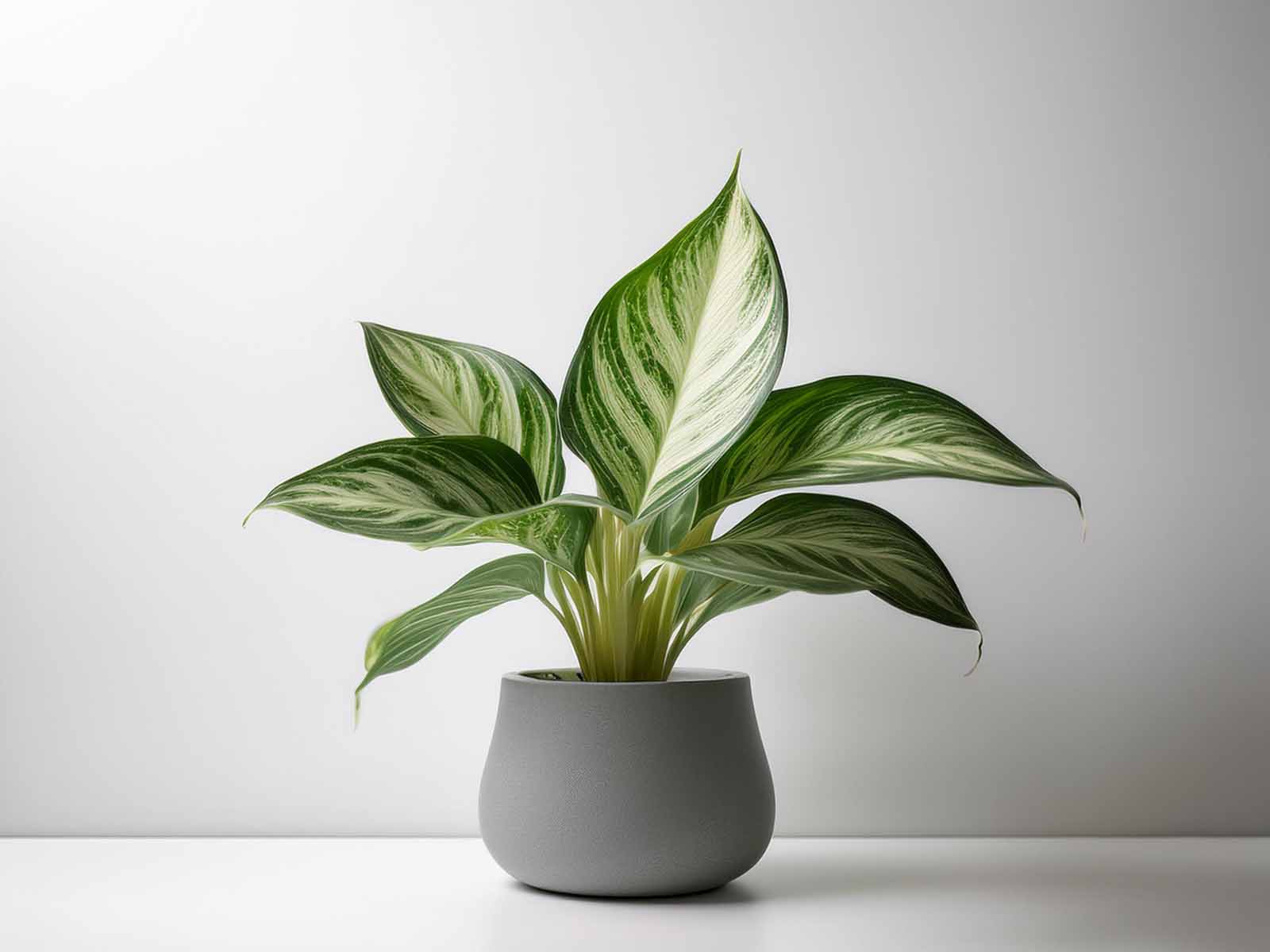 Silver Queen Aglaonema plant with silvery-green variegated leaves in a modern St. Louis office, supplied by Tropical Decor