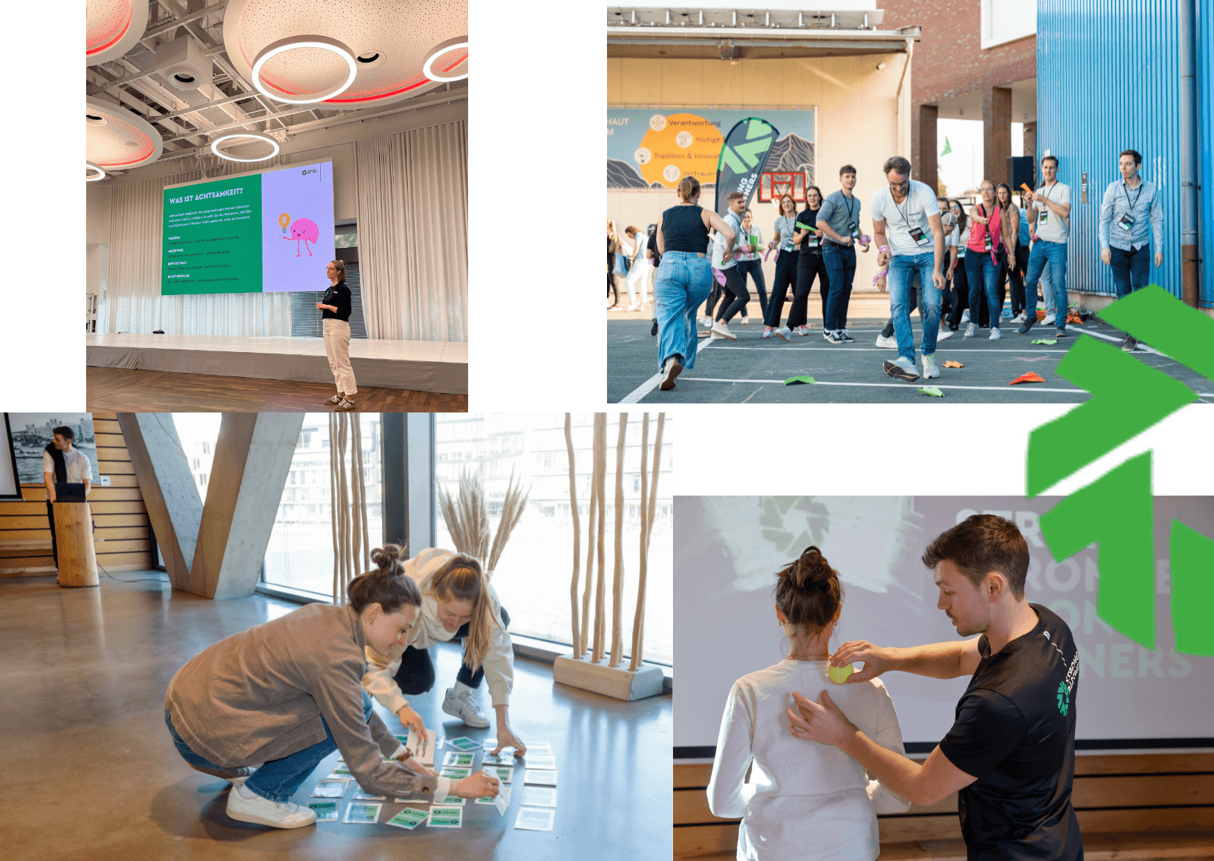 Eine Foto-Collage von Bildern von Strong Partners in ihren Workshops, Keynotes und bei einem Team-Event