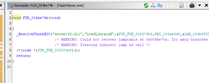 Ghidra-Dekompilierung von FUN_004be74b in TeamViewer.exe: Die Funktion löst LoadLibraryW aus kernel32.dll zur Laufzeit über _ResolveThunk auf und ruft sie über einen indirekten Zeiger auf.