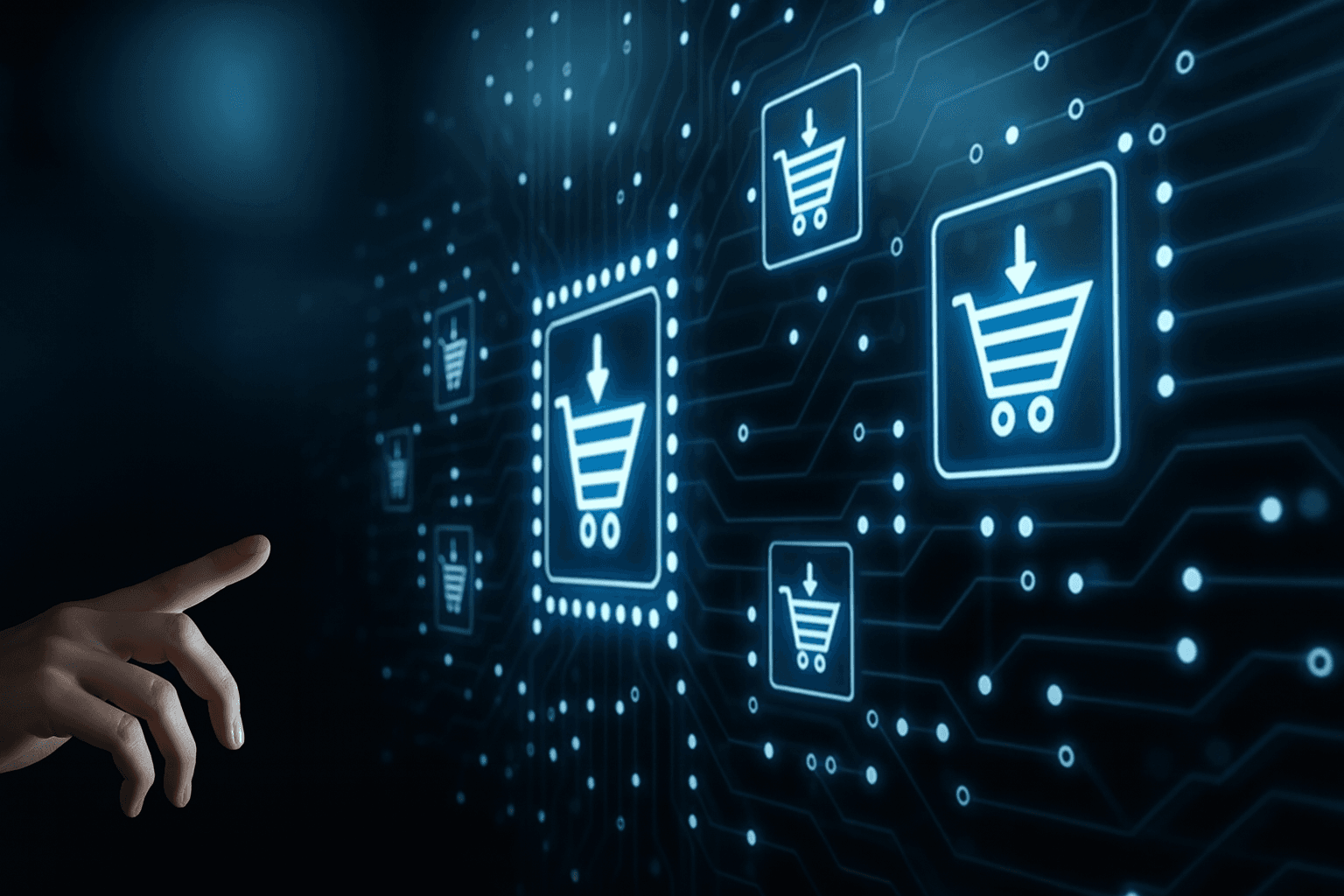 Icônes de paniers d'achat sur un écran digital, symbolisant l'optimisation des ventes en ligne avec l'agence Wingo.