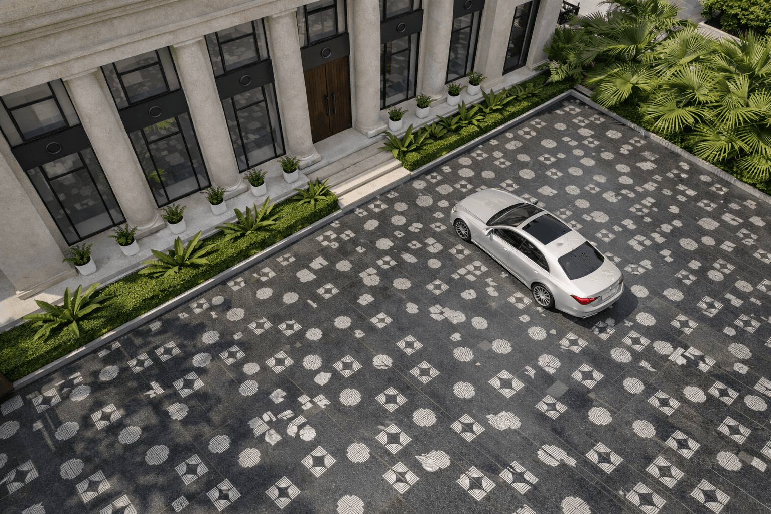 Zenith stone paving applied across large outdoor space with structured geometric pattern design
