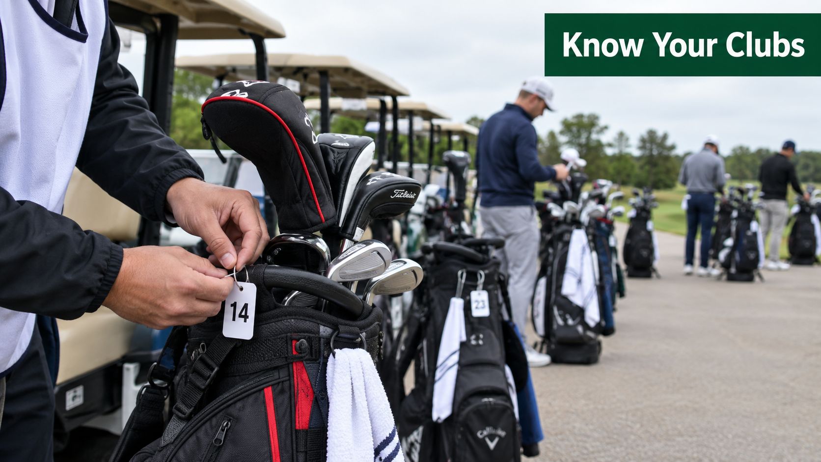 A golf attendant organizes and labels golf bags with numbered tags at a golf course clubhouse.