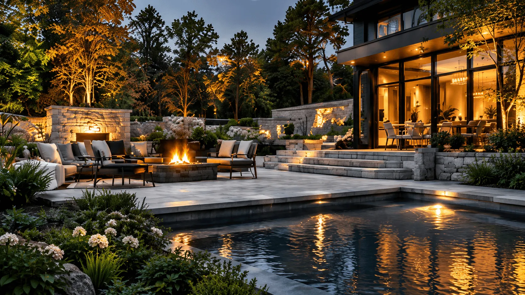 Hillside Residence in Virginia Beach: modern home at dusk with a lit stone terrace, fire-pit lounge and pool