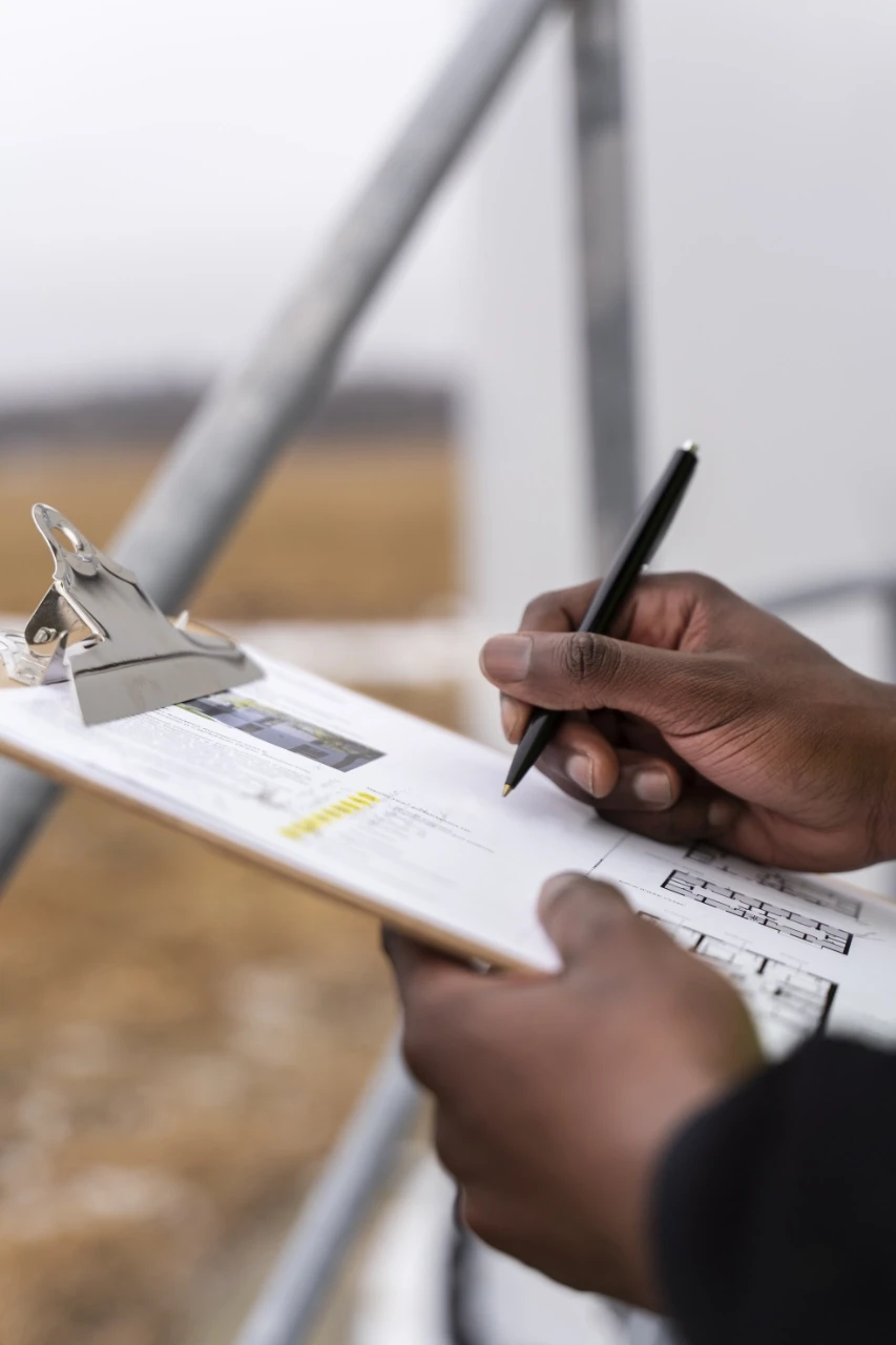 A person writes notes on a clipboard using a black pen, with a blurred outdoor landscape in the background, suggesting data collection or field research.