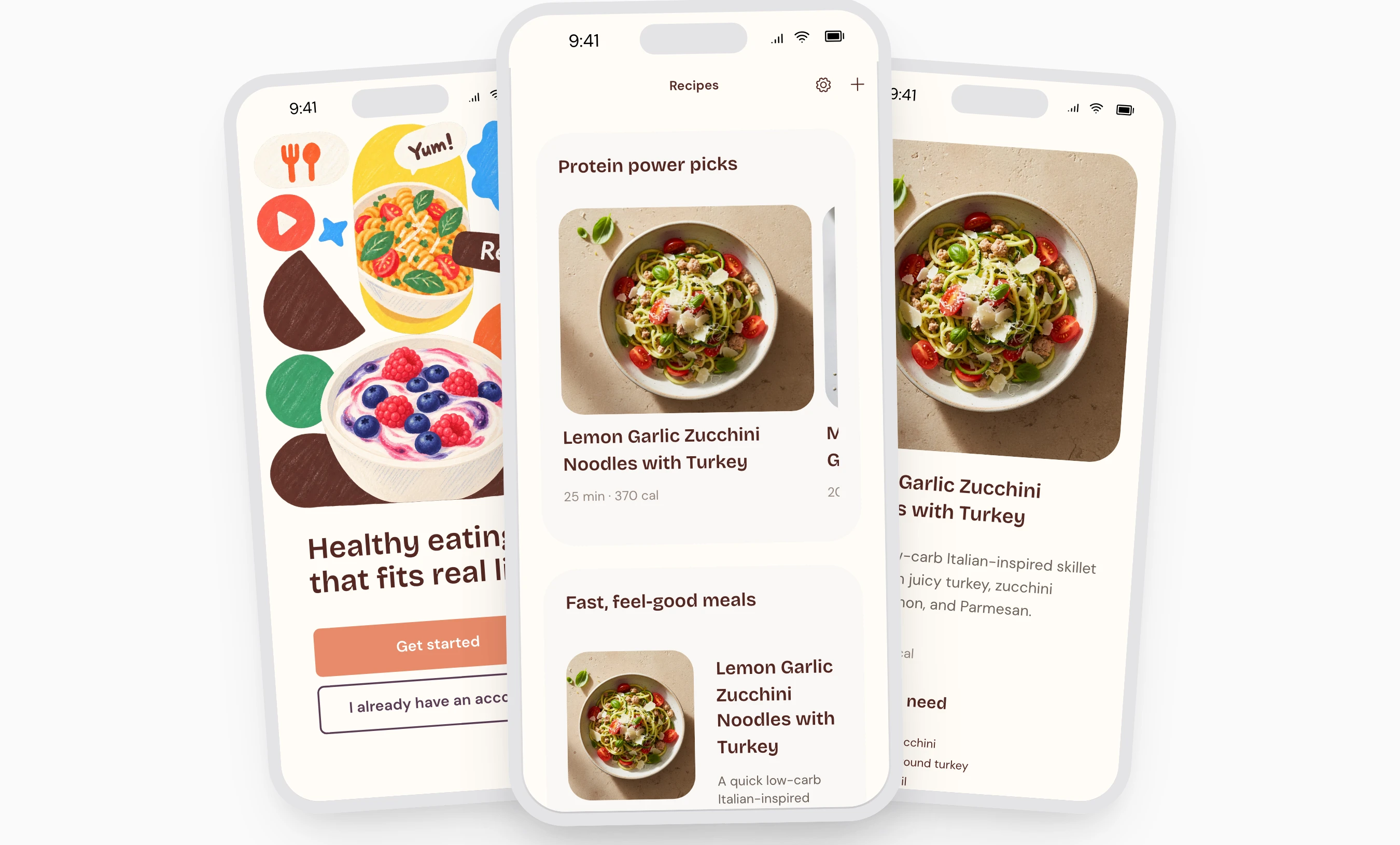 Sundae recipe app template showing a colorful welcome screen, recipe collections and a recipe detail page