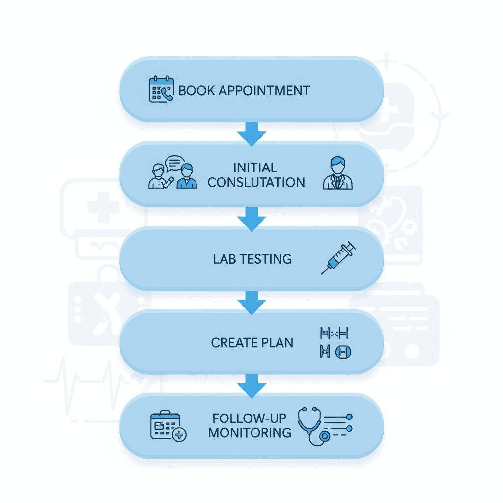 Vertical process flow diagram illustrating the five steps to begin hormone therapy: booking appointment, initial consultation, lab testing, personalized plan creation, and follow-up monitoring with medical icons and blue arrows.