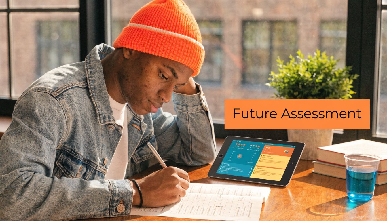 A young man wearing an orange beanie is writing in a notebook while looking at a digital tablet.