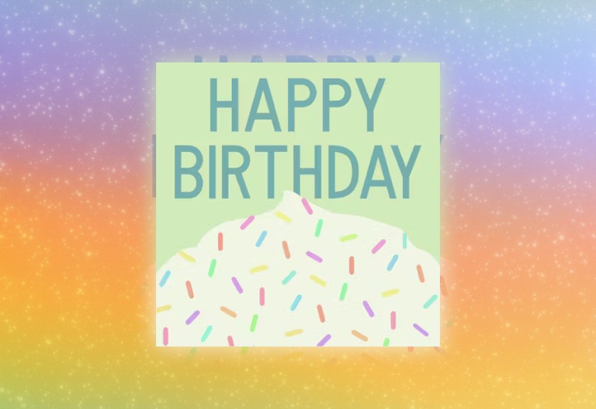 Retro-style birthday invitation with a person floating in the clouds and colorful balloons