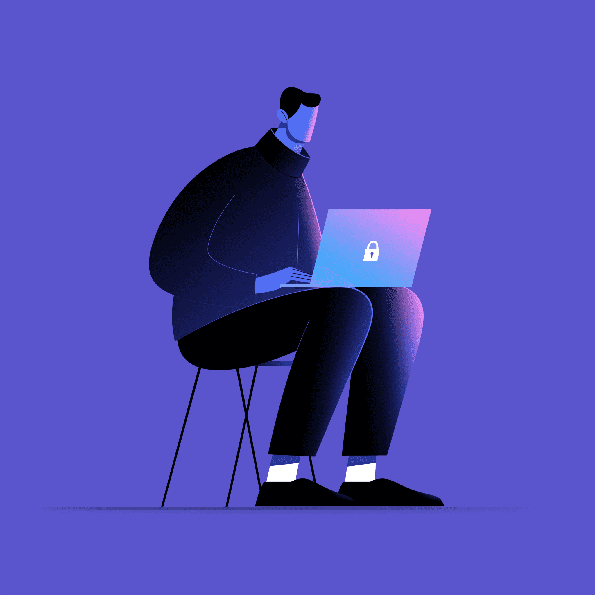 Flat minimalist corporate illustration of a man working on laptop on cyber security