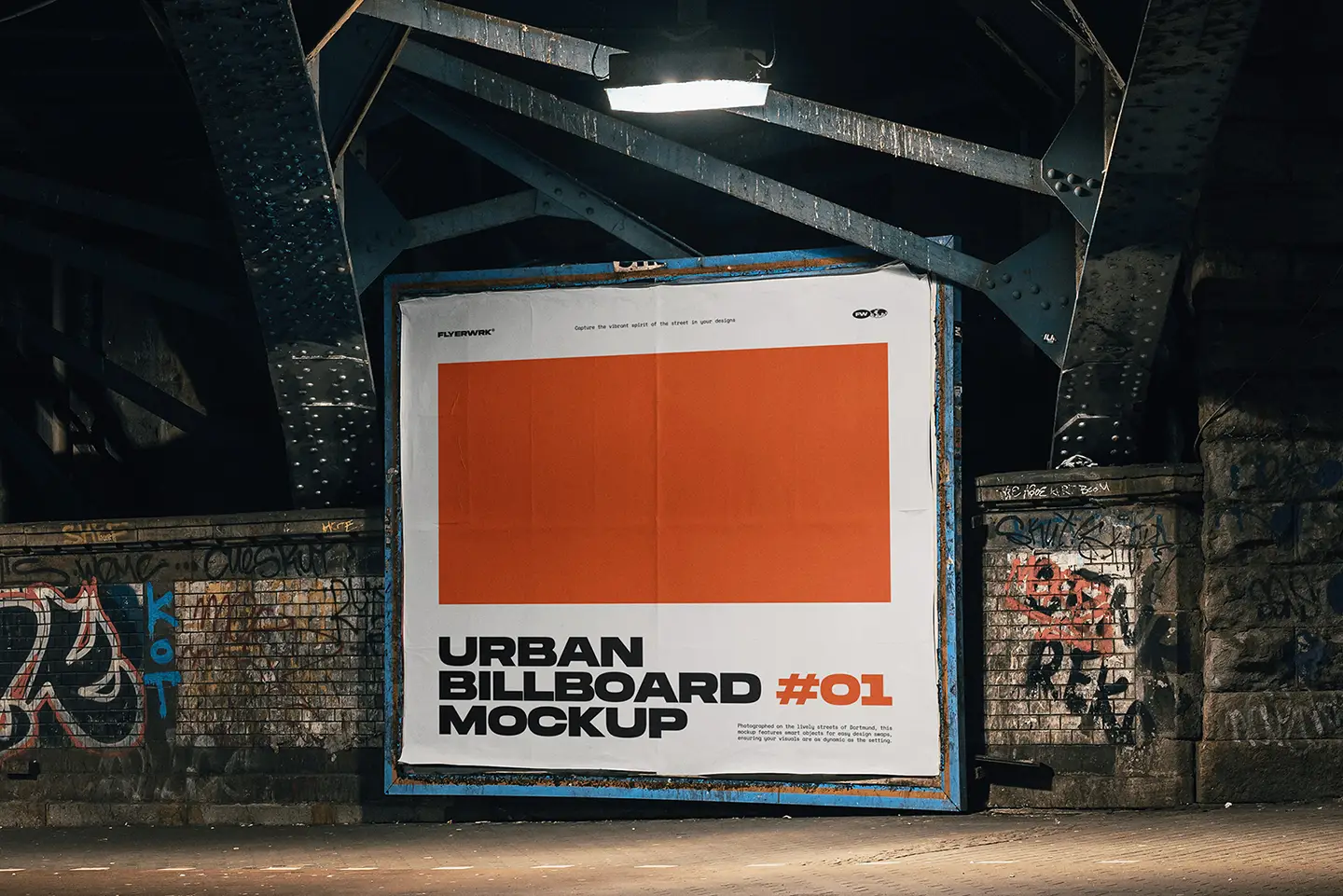 Urban billboard mockup under bridge at night with graffiti walls and street lighting