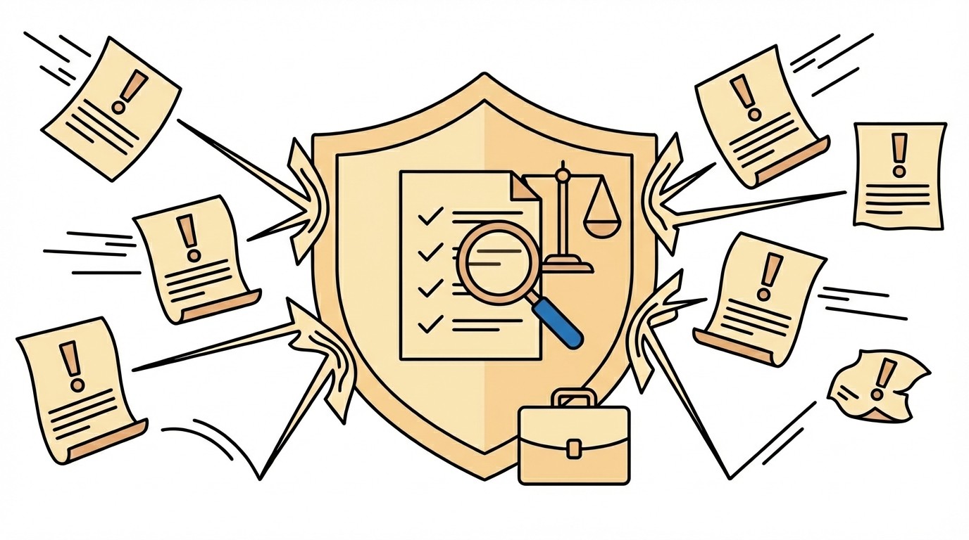 Vektor-Grafik: Schild mit Fabrik-Icon, verbunden mit drei Symbolen für Analyse, Finanzen und Sicherheit.