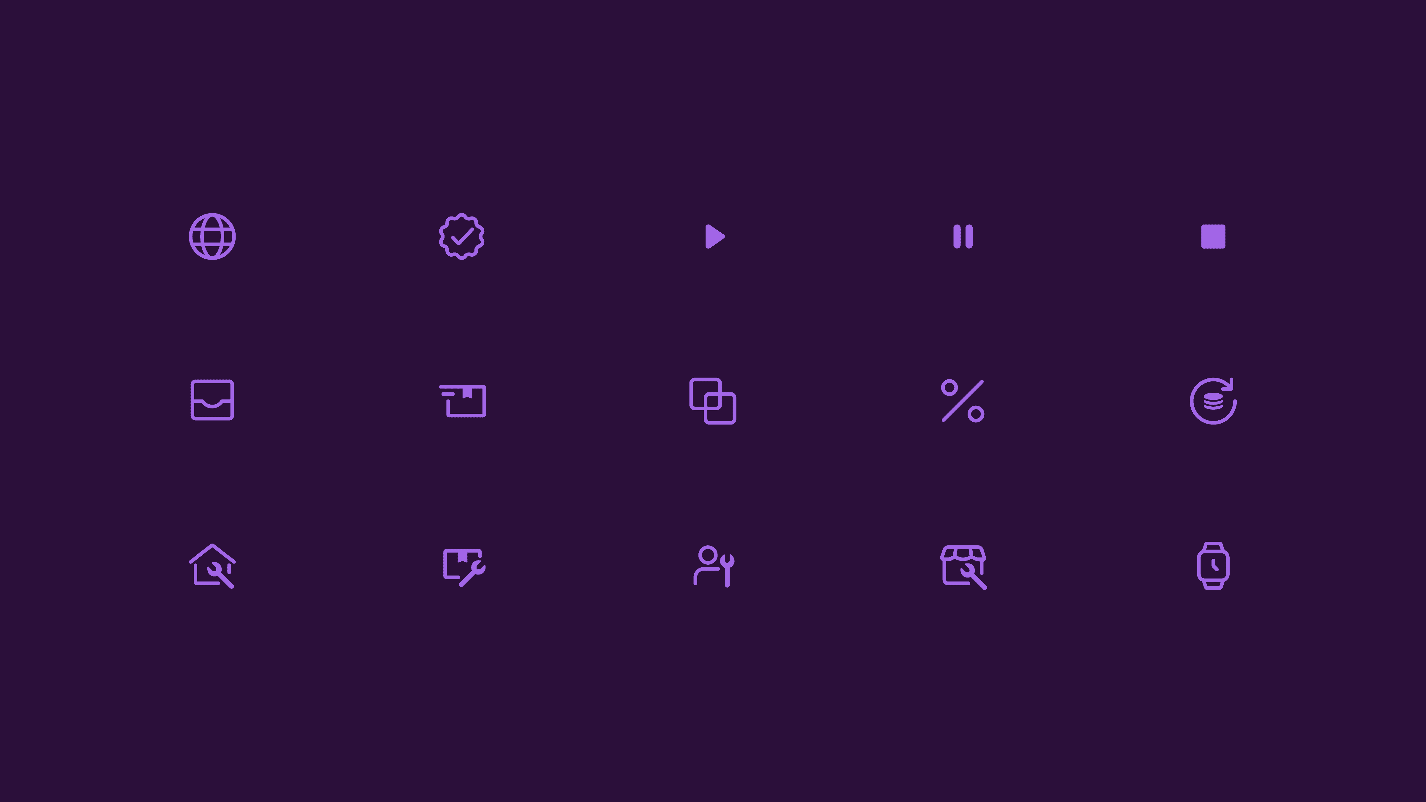 Set of minimalist purple line icons on a dark purple background, arranged in a grid layout. Icons represent various UI functions including globe, verification, media controls, and e-commerce elements, showcasing the consistent design language.