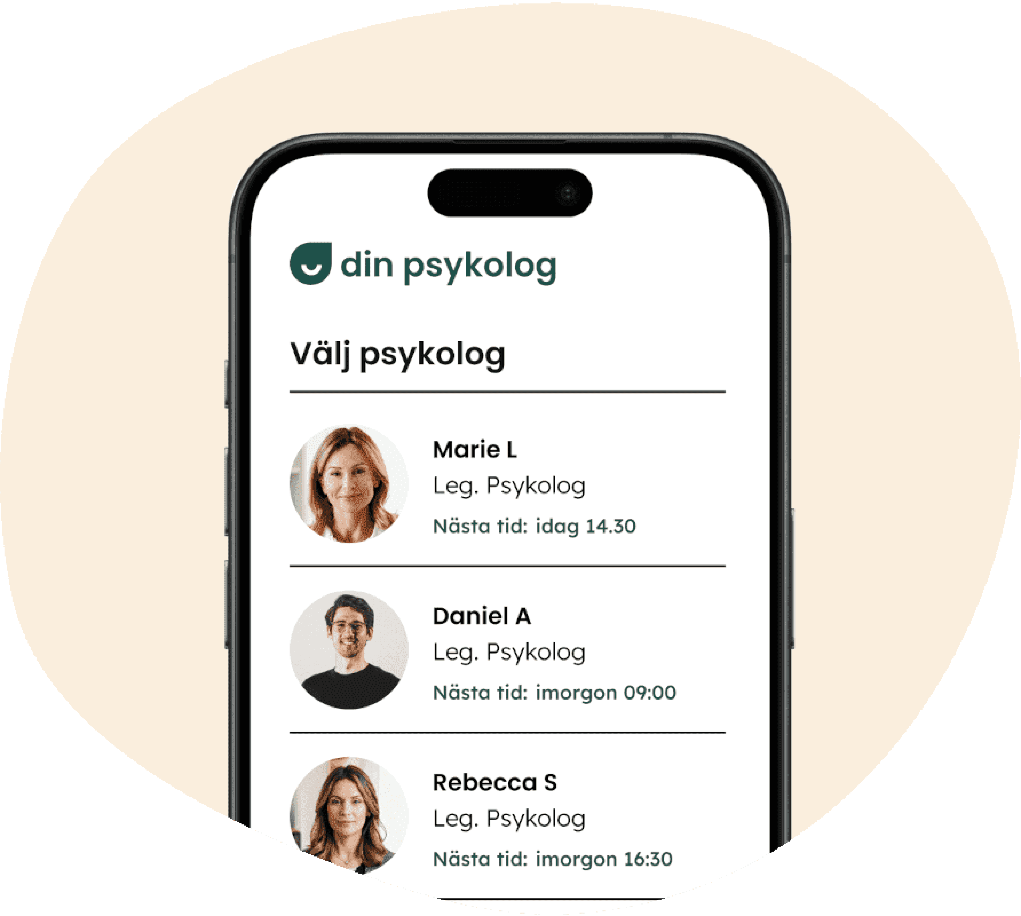 Overview of psychologists in Din Psykolog's app