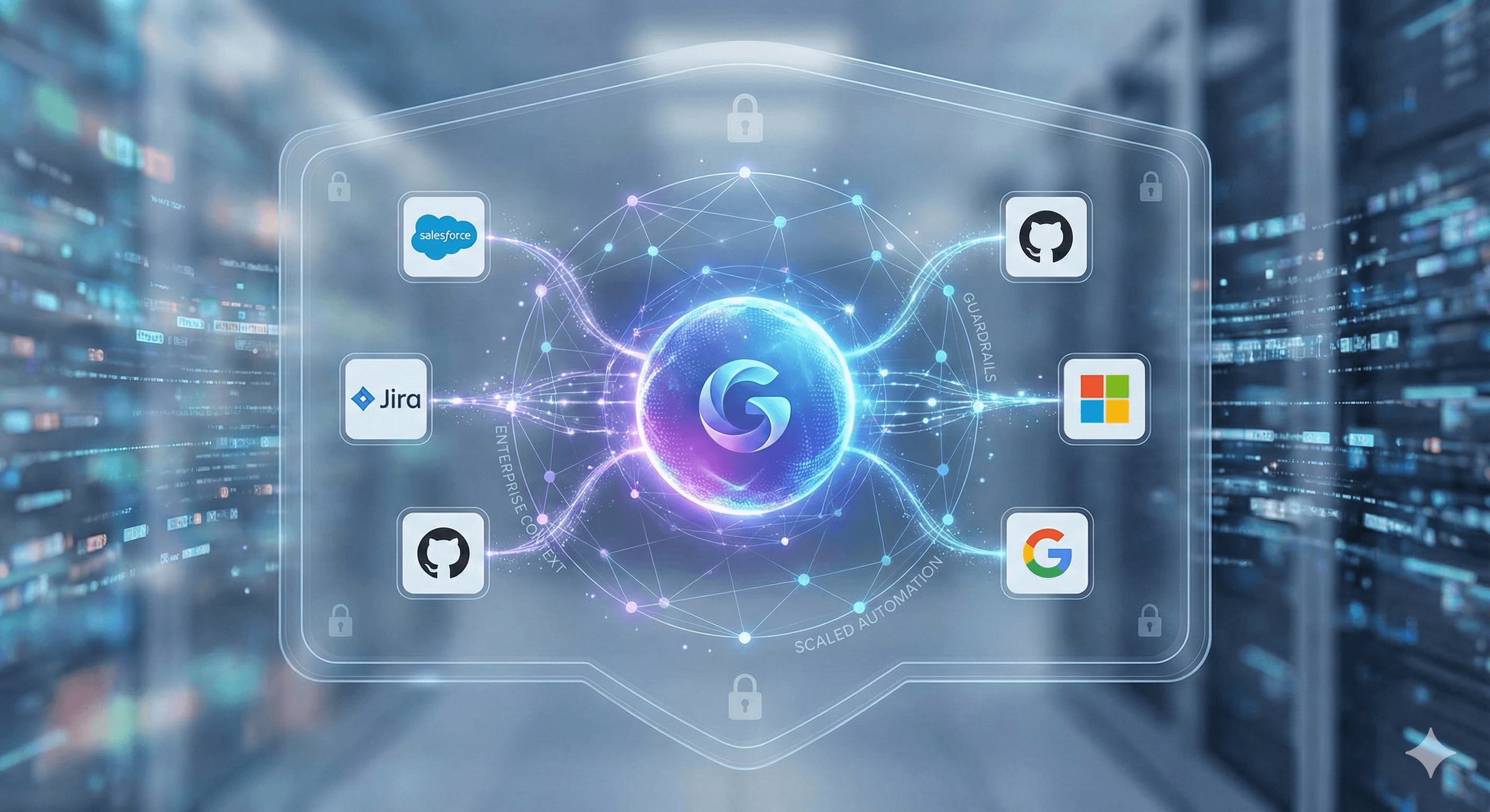 A futuristic digital interface displays interconnected logos of major tech companies like Salesforce, Microsoft, Jira, and Google, with a glowing Glean Agents logo at the center, set against a blurred background of a data server room.