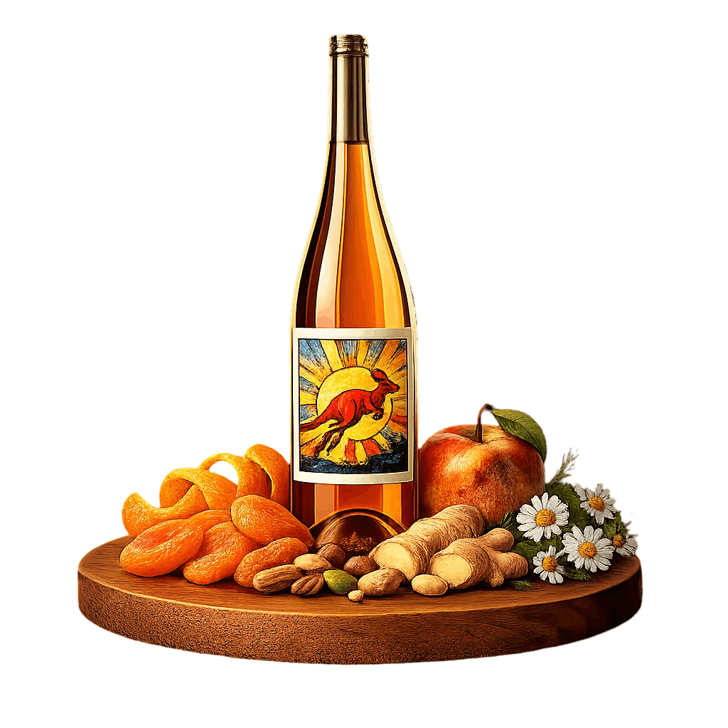 Artistic label and flavor profile for Australian Orange Wine on a rustic wooden table.