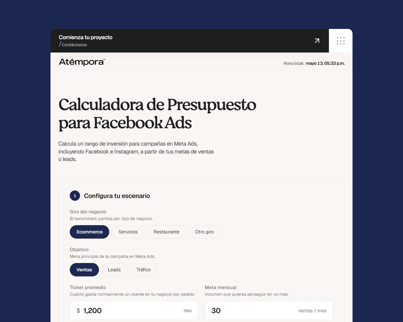 Calculadora de presupuesto para Facebook Ads e Instagram Ads