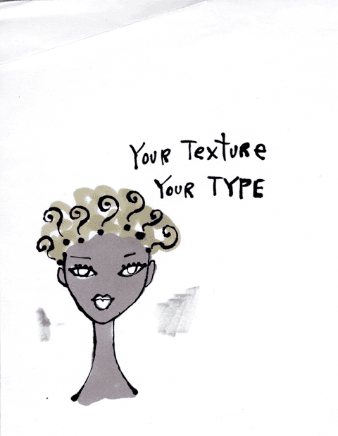 A drawing of a curly haired woman, inscribed "your texture, your type"