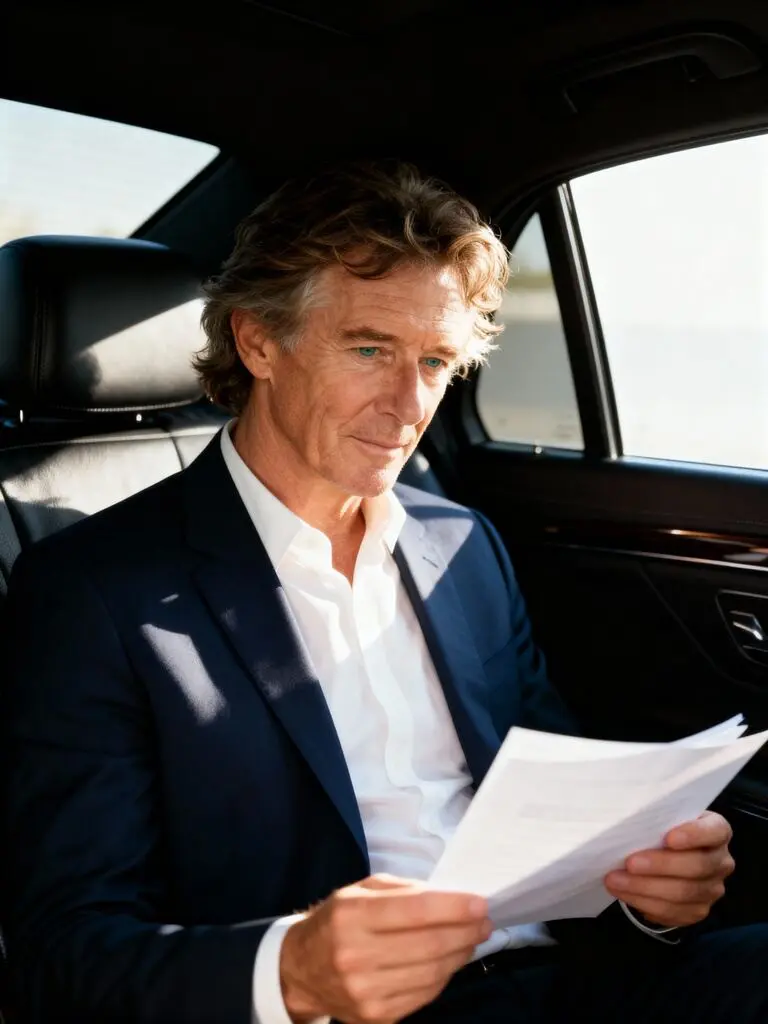 sora2 businessman reading files in car morning light