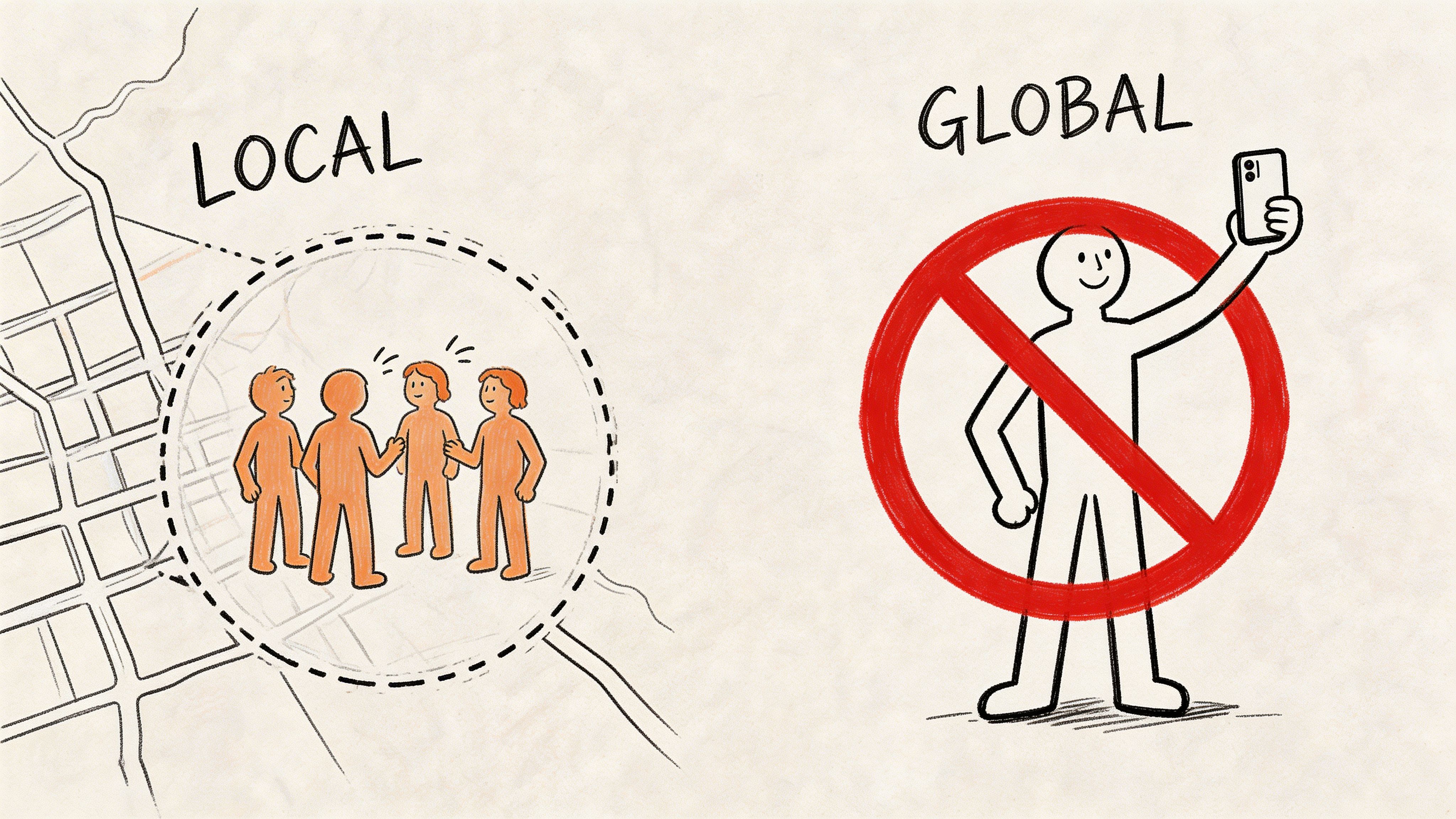 A hand-drawn illustration contrasting local community interaction with a red prohibition sign over global influencer culture.
