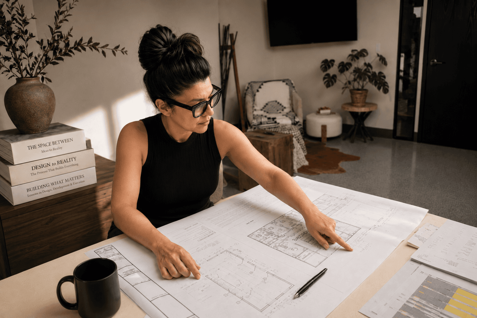 Top-down view of a designer drawing precision layouts and structural blueprints on a large drafting table.