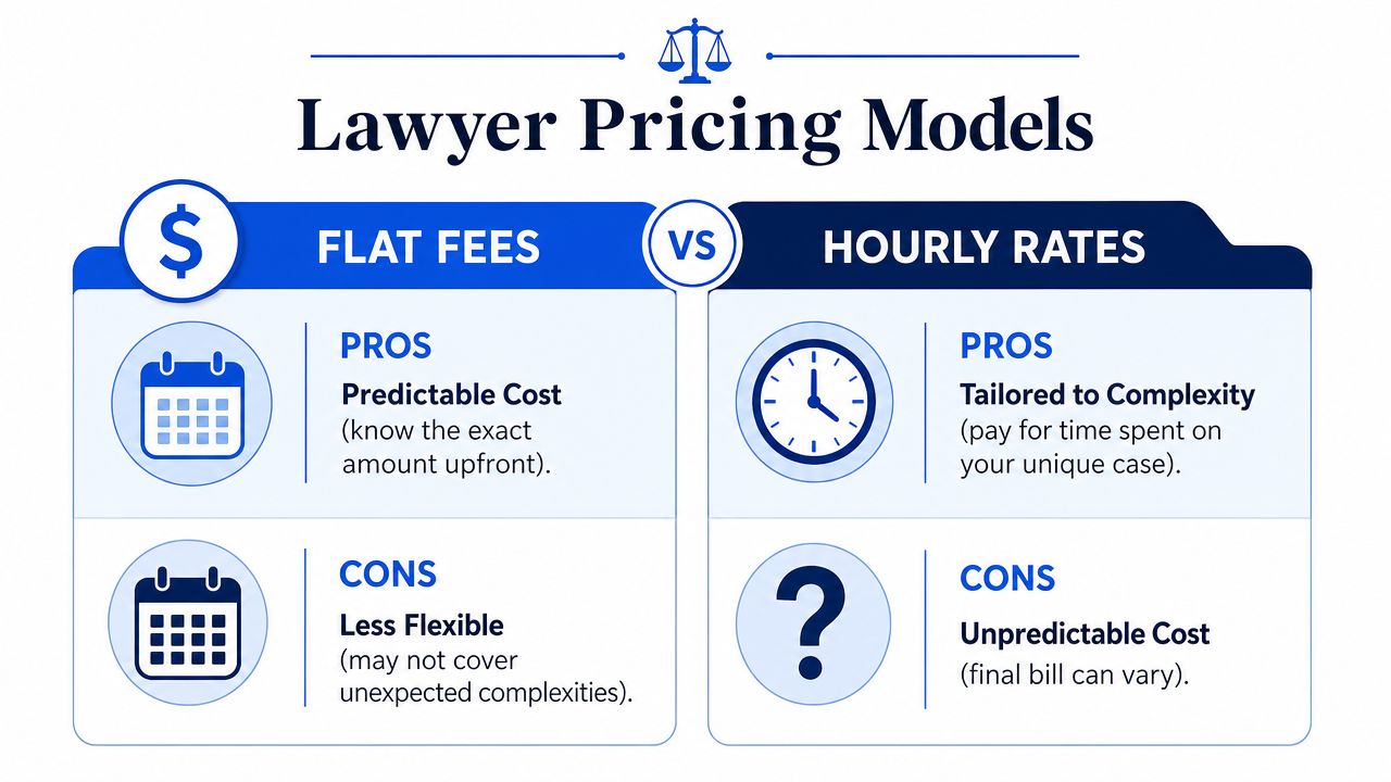 A comparison chart showing the pros and cons of flat fee versus hourly lawyer pricing models.