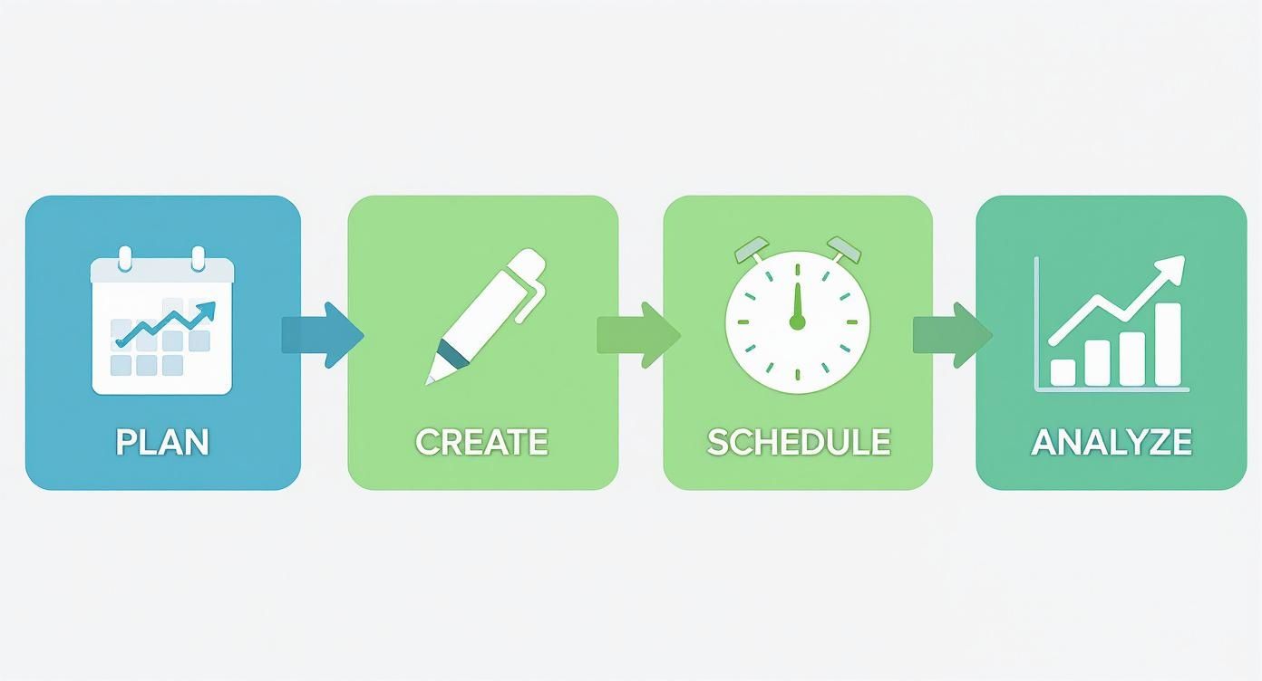 Four-step workflow diagram: Plan, Create, Schedule, and Analyze with descriptive icons.