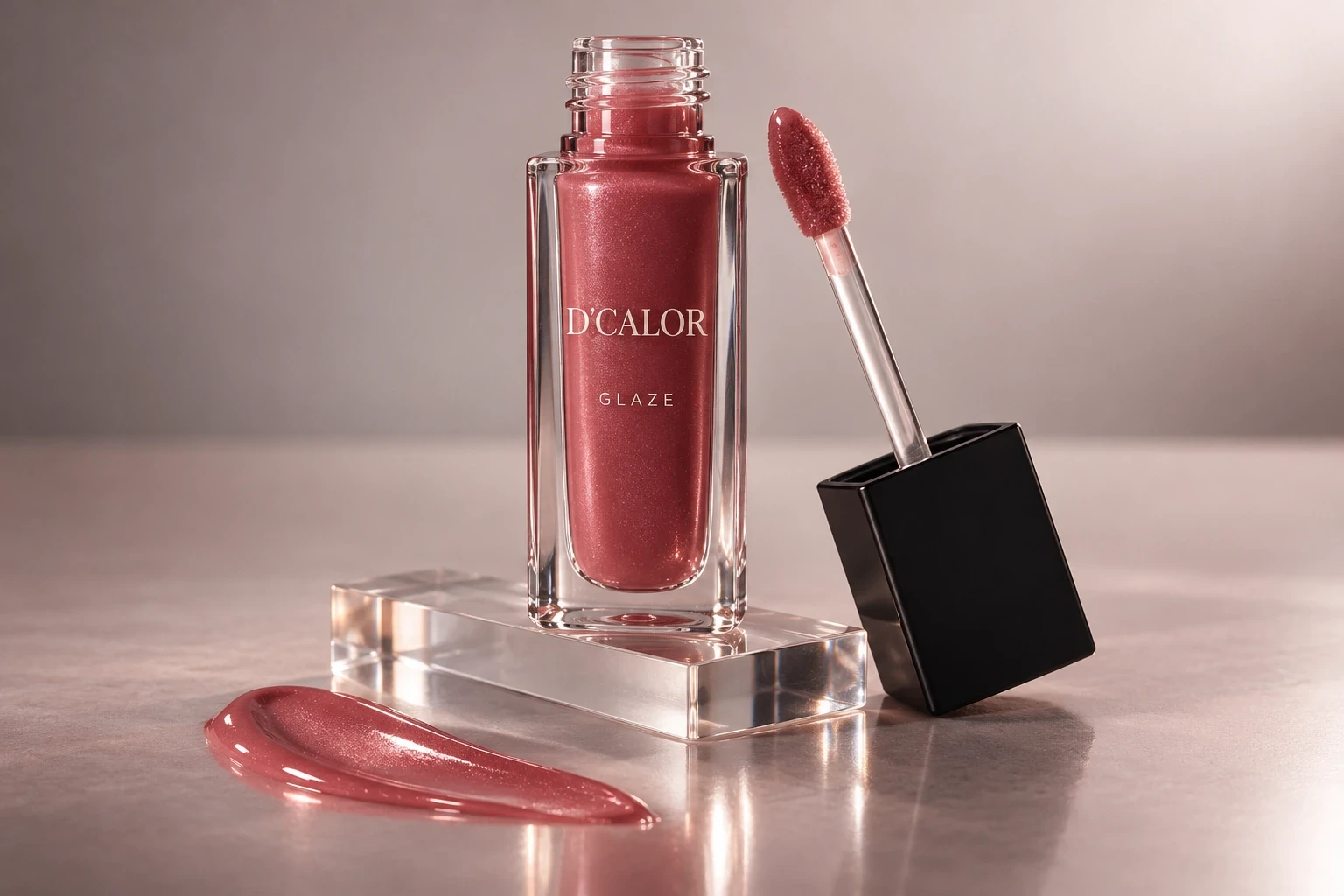 GLAZE rose lip gloss in a clear rectangular tube with a black cap and applicator