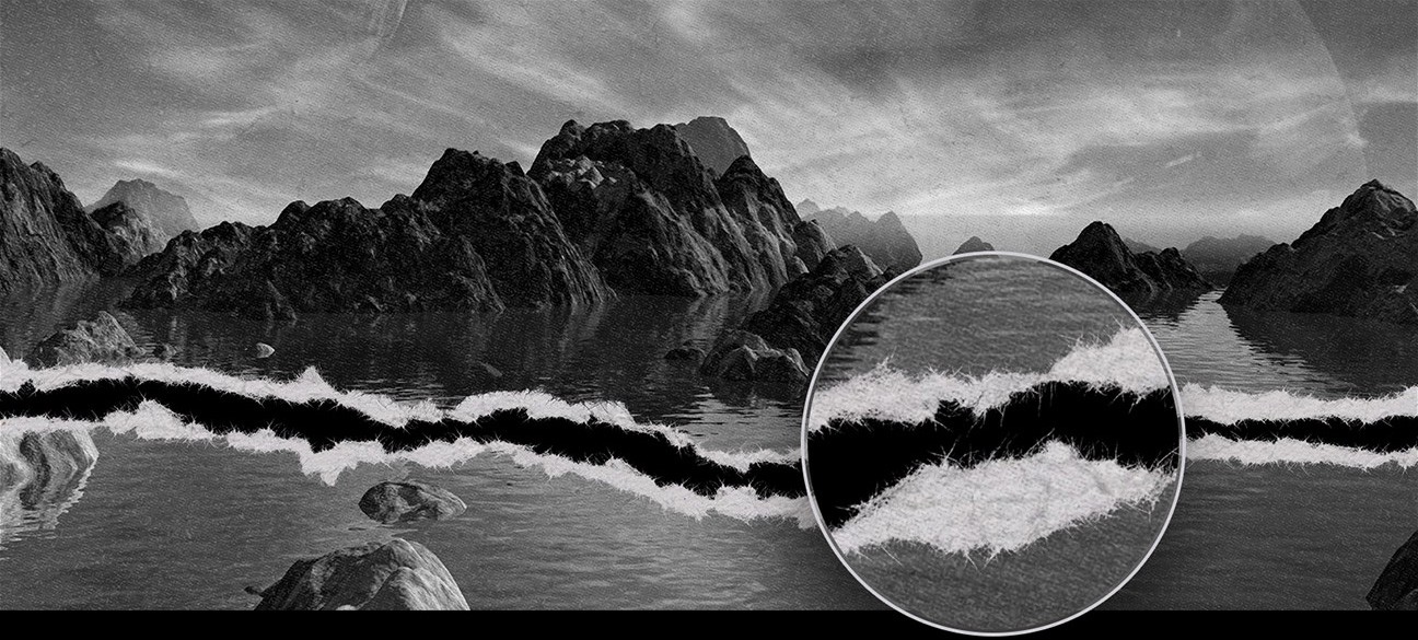 Zoomed in view showing the intricate detail of a torn paper brush applied to landscape photography