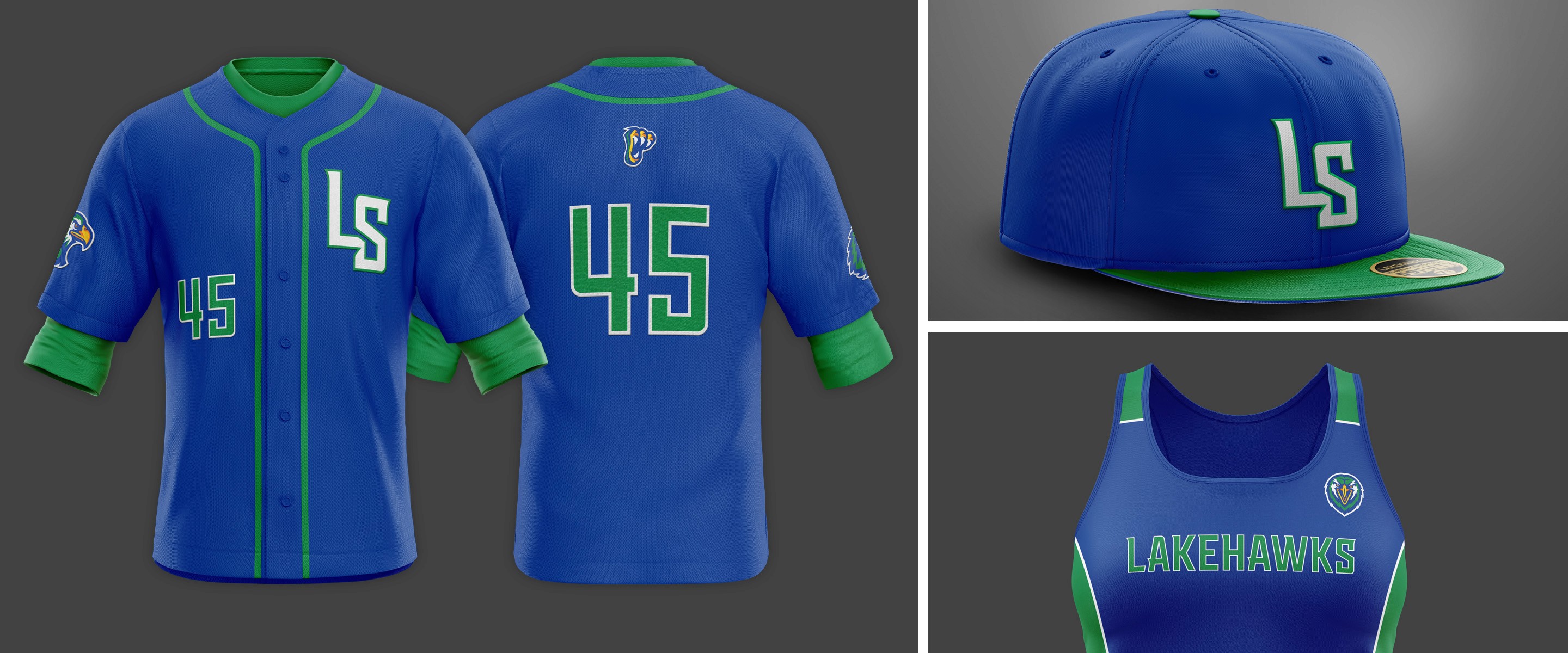 Lakehawks Athletics base ball jersey, cap and track tank top.