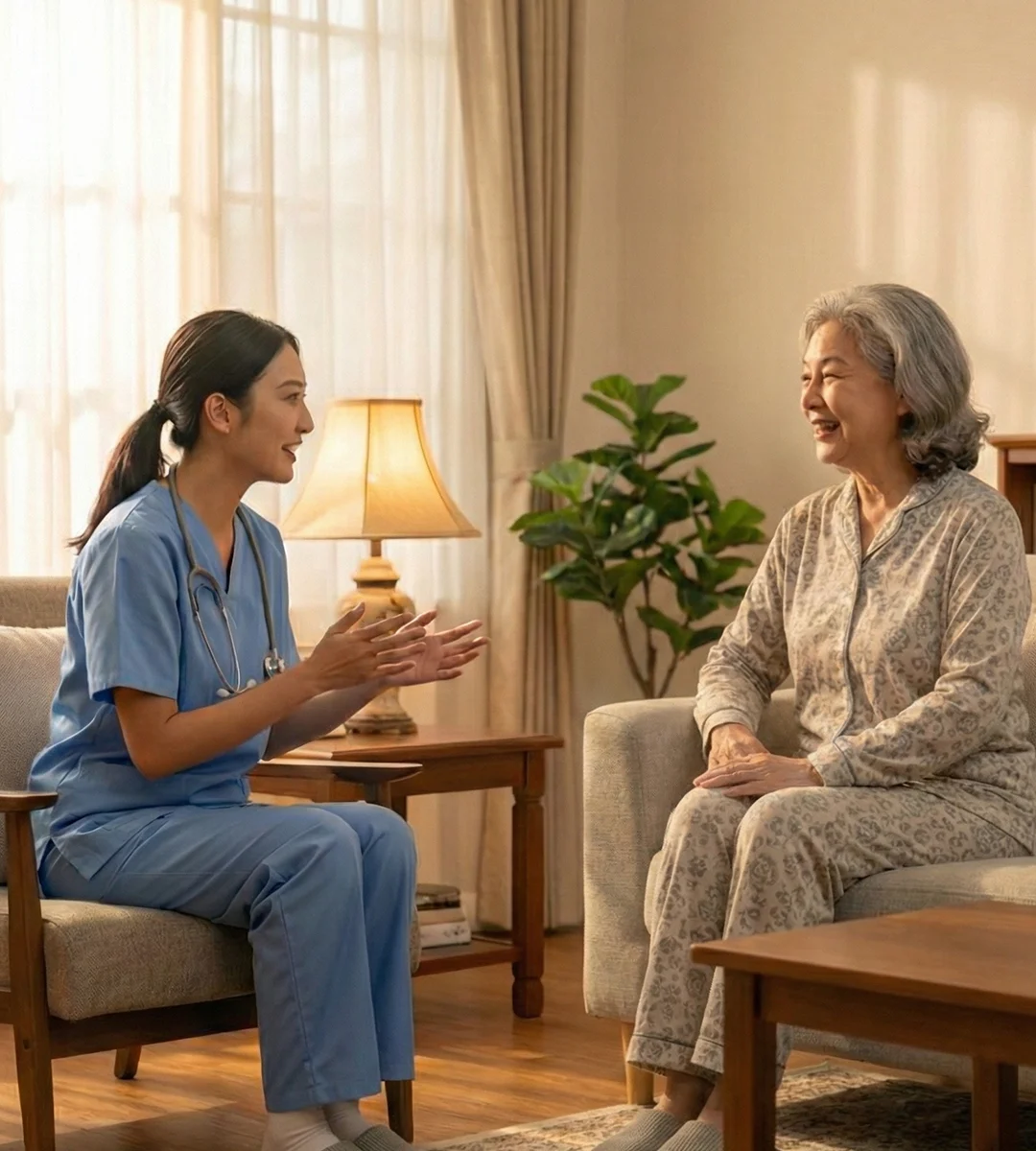護理師在居家環境中與長者進行溫暖的衛教指導與陪伴交流。兩人微笑交談，展現專業長照服務、健康教育與居家照護中重要的溝通與支持，營造安心且舒適的照護氛圍。