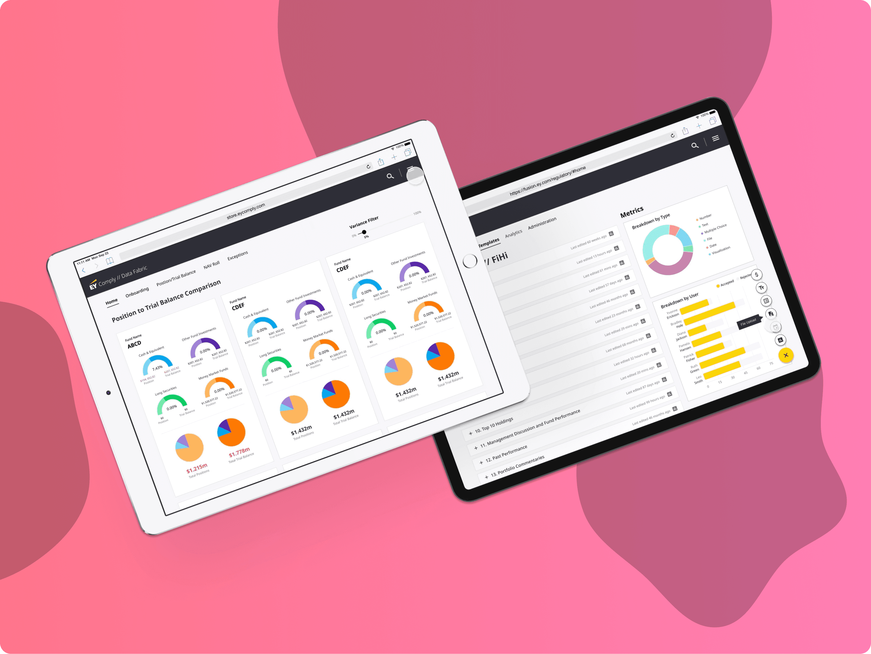 Two tablet screens depicting the Comply application, featuring colorful dashboards and regulatory reporting tools with a pink and purple background.