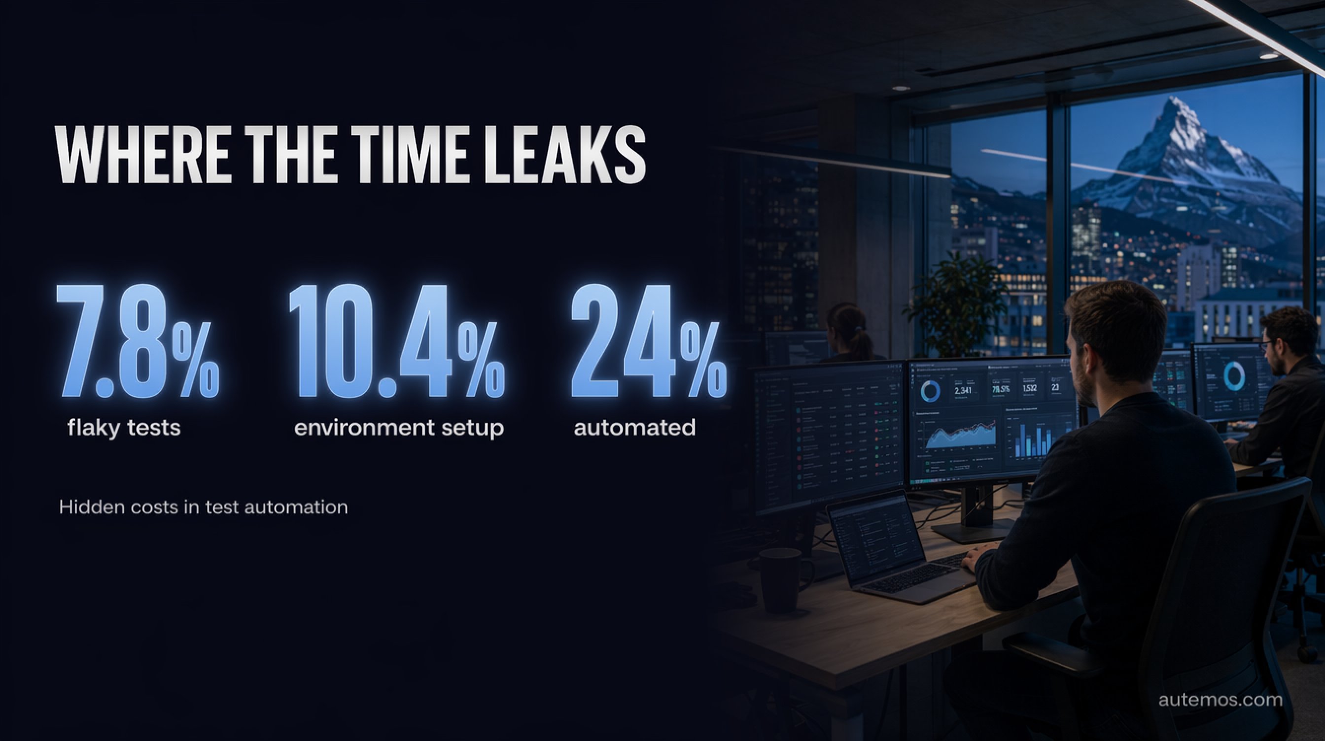 Statistic infographic: 7.8% of engineer time goes to flaky tests, 10.4% to environment setup, and only 24% of tests are automated.