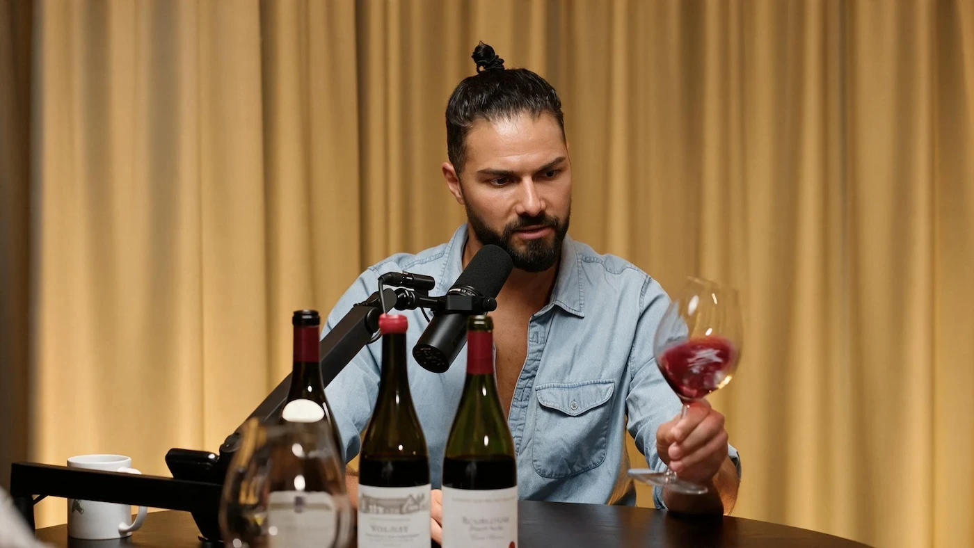 A guest tasting wine at the microphone during a podcast recording