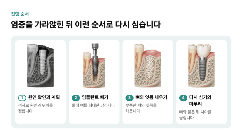 원인 확인과 계획, 염증 가라앉히기, 뼈를 남기는 임플란트 제거, 뼈와 잇몸 채우기, 다시 심기까지 임플란트 재수술 순서를 그린 일러스트