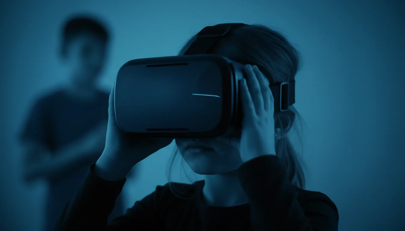 DSLR photograph, close-up of a young girl holding a large black VR headset to her face, obscuring her eyes. The entire scene is bathed in intense, monochromatic blue ambient light, casting deep shadows. The focus is sharp on the girl, with a shallow depth of field blurring another person in the background.