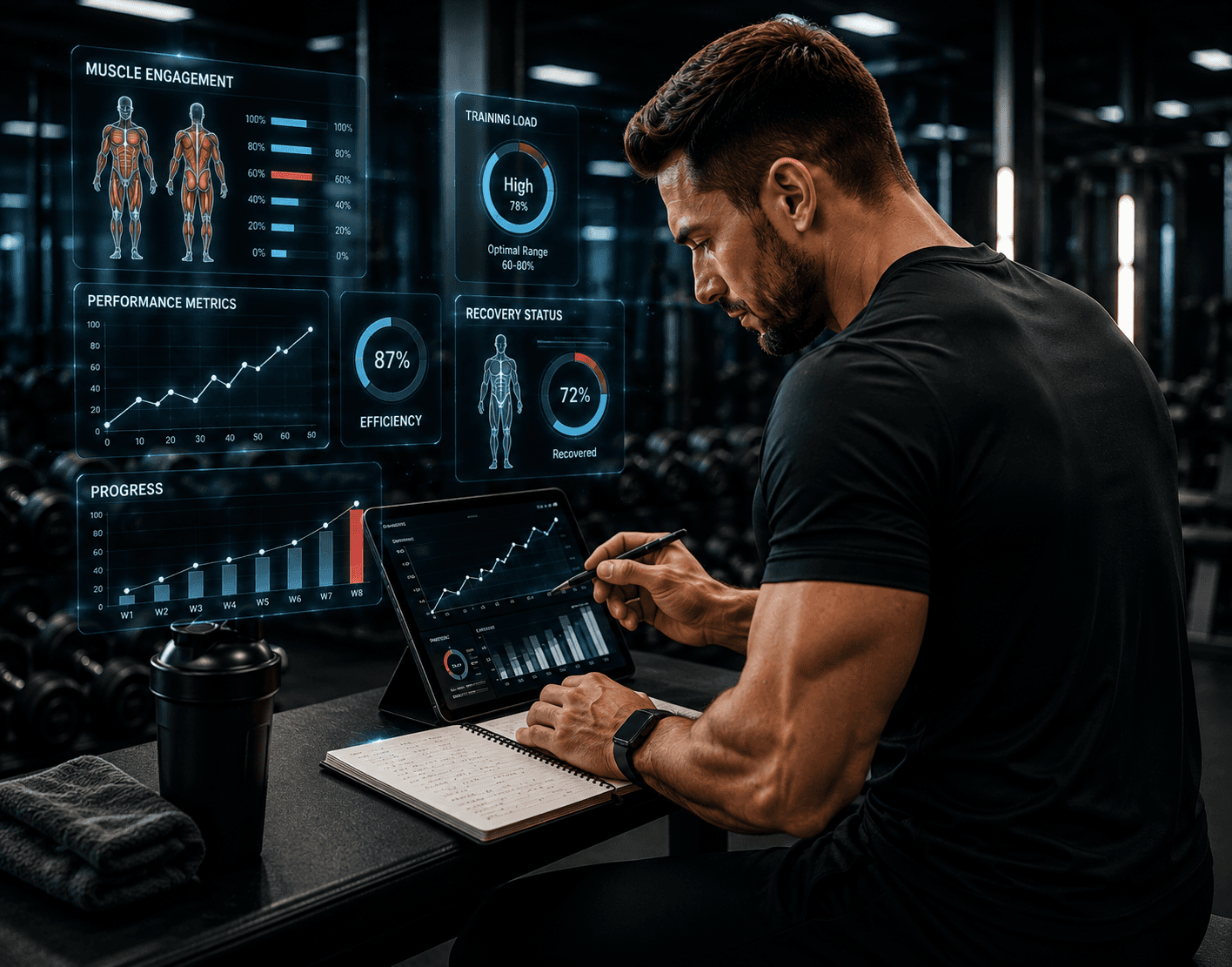 A side profile of a trainer sitting at a desk and analyzing dynamic digital progress tracking charts, fitness graphs, and biometric metrics on a glowing monitor overlay.