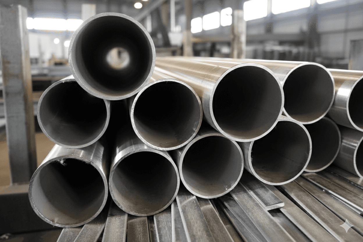 A stack of high-quality industrial duplex steel pipes in a professional warehouse setting, by Automech Group