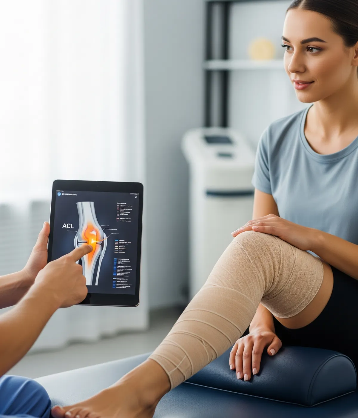 An orthopedic surgeon explaining where the ACL injury pain is felt to a patient.