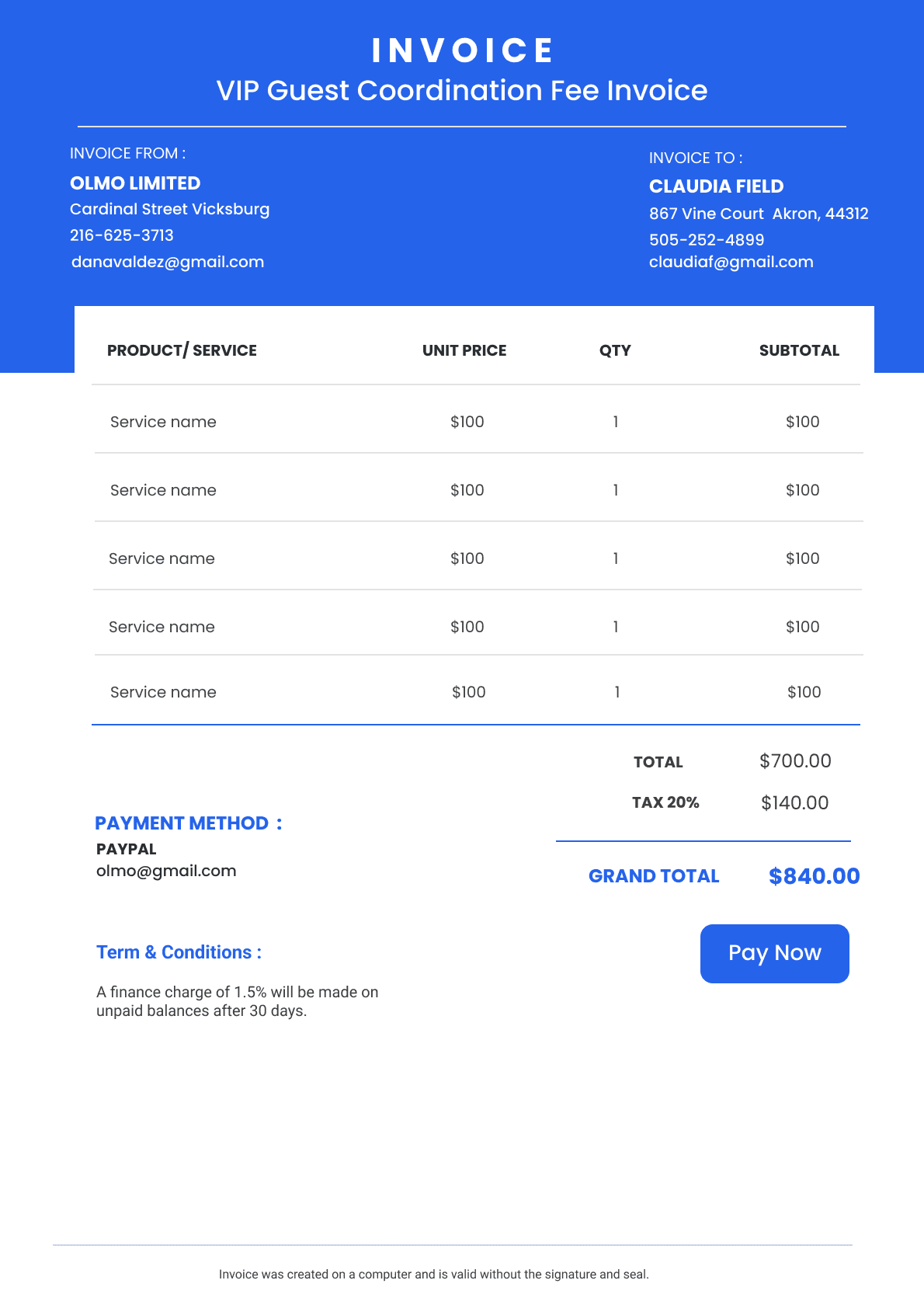 VIP Guest Coordination Fee Invoice