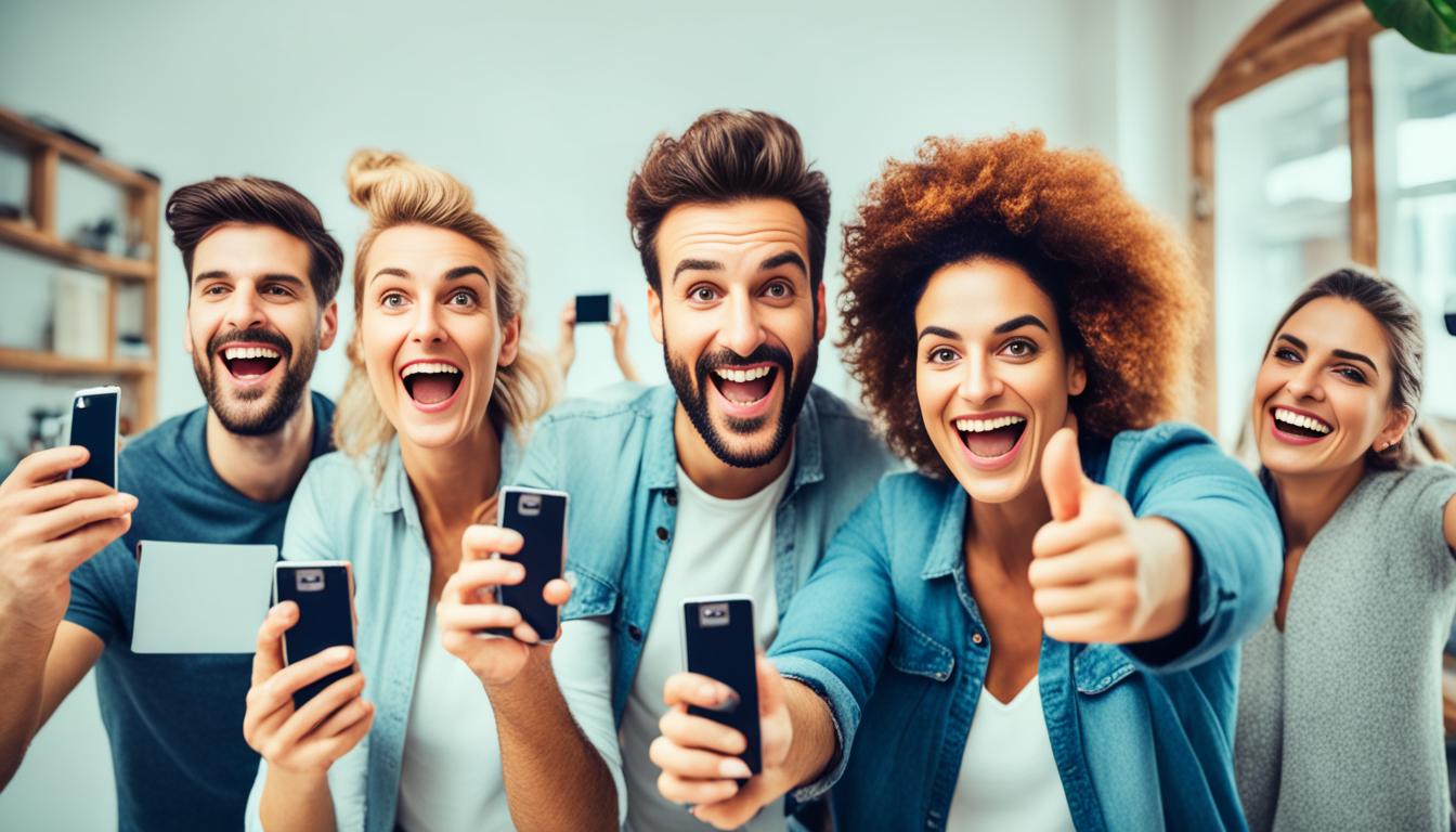 A group of diverse people holding up their smartphones, taking pictures of something interesting and exciting. Some are smiling and pointing at the same subject, while some have a serious look on their faces as they capture the moment. There are different angles and perspectives in the photos, showcasing the unique viewpoints of each individual.