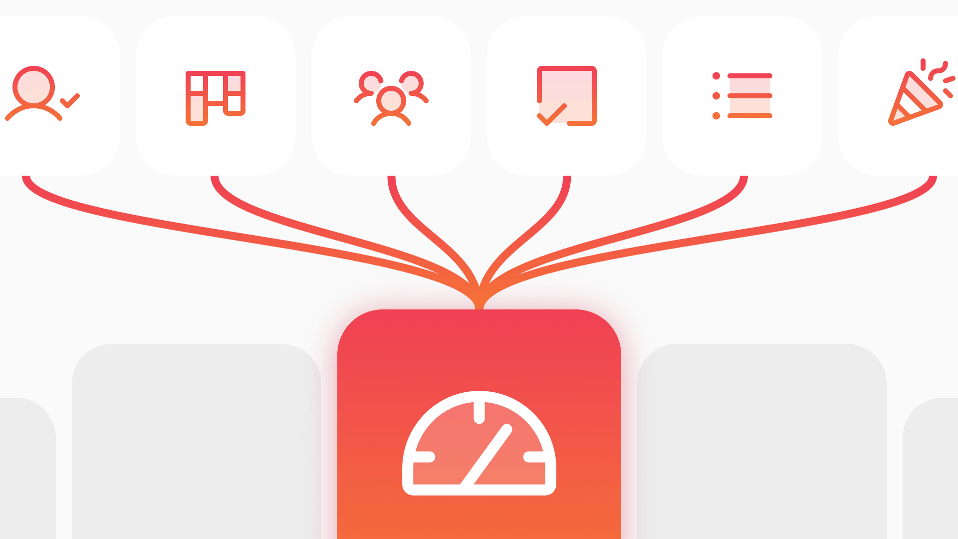 Icons representing user, board, group, checklist, list, and celebration connect to a central speedometer, suggesting productivity and efficiency.
