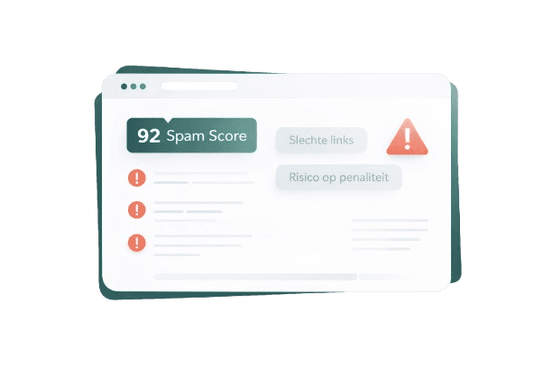Illustration of a Moz spam score analysis showing warning icons, flagged emails, and a percentage score on a dashboard within a floating card.