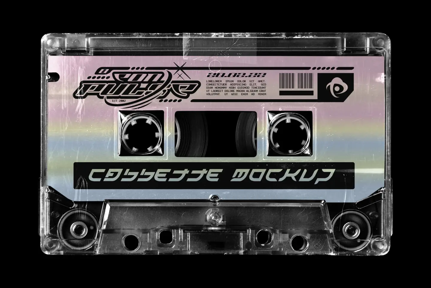 Retro Cassette Tape Mockup showcasing experimental pink and blue gradient artwork on a vintage tape