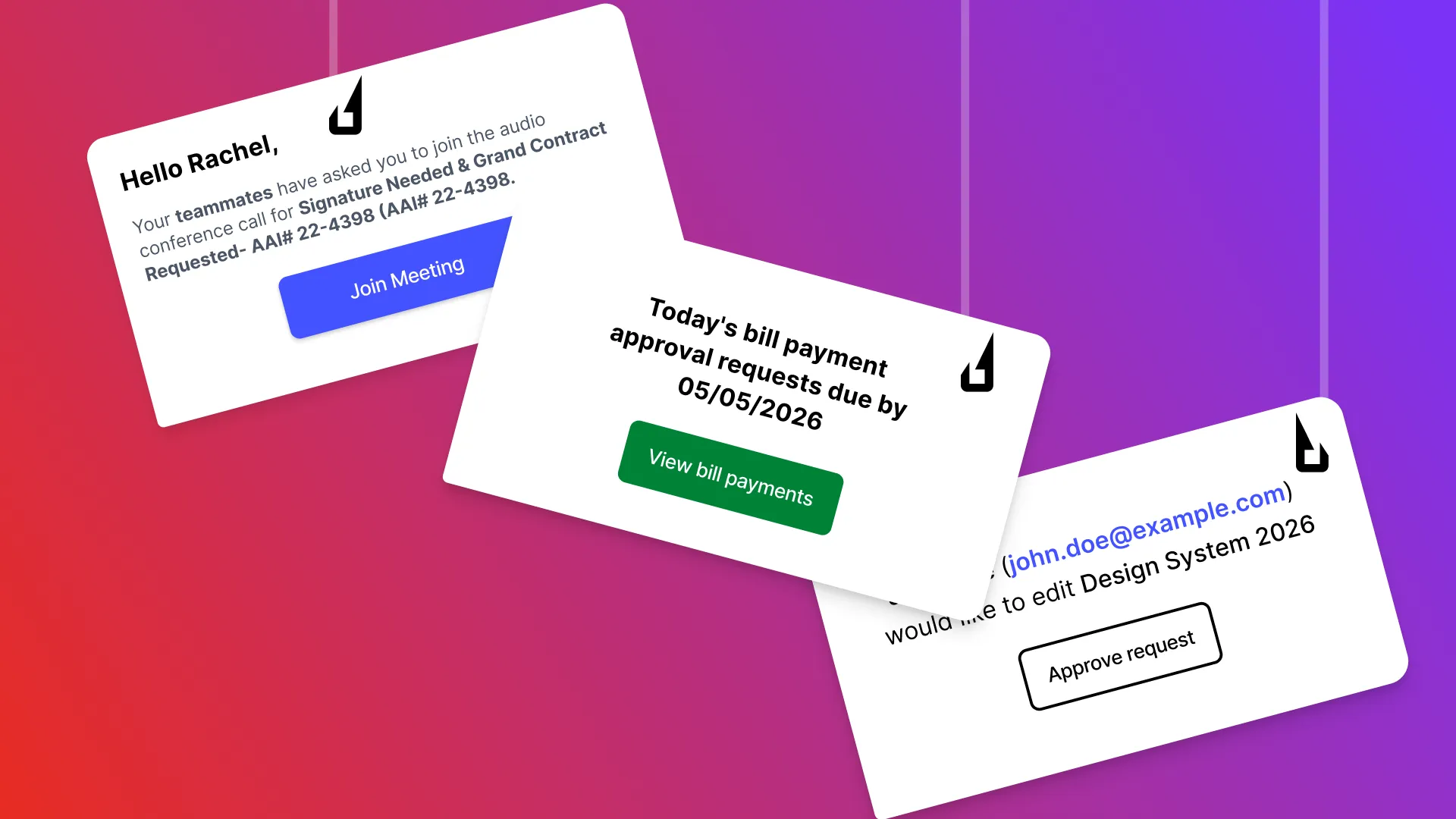 An infographic-style image showing common social engineering lures used on collaboration platforms. Each card (joining a meeting, viewing bill payments, and approving file access) is attached to a hook, representing the hidden danger behind frictionless business workflows.