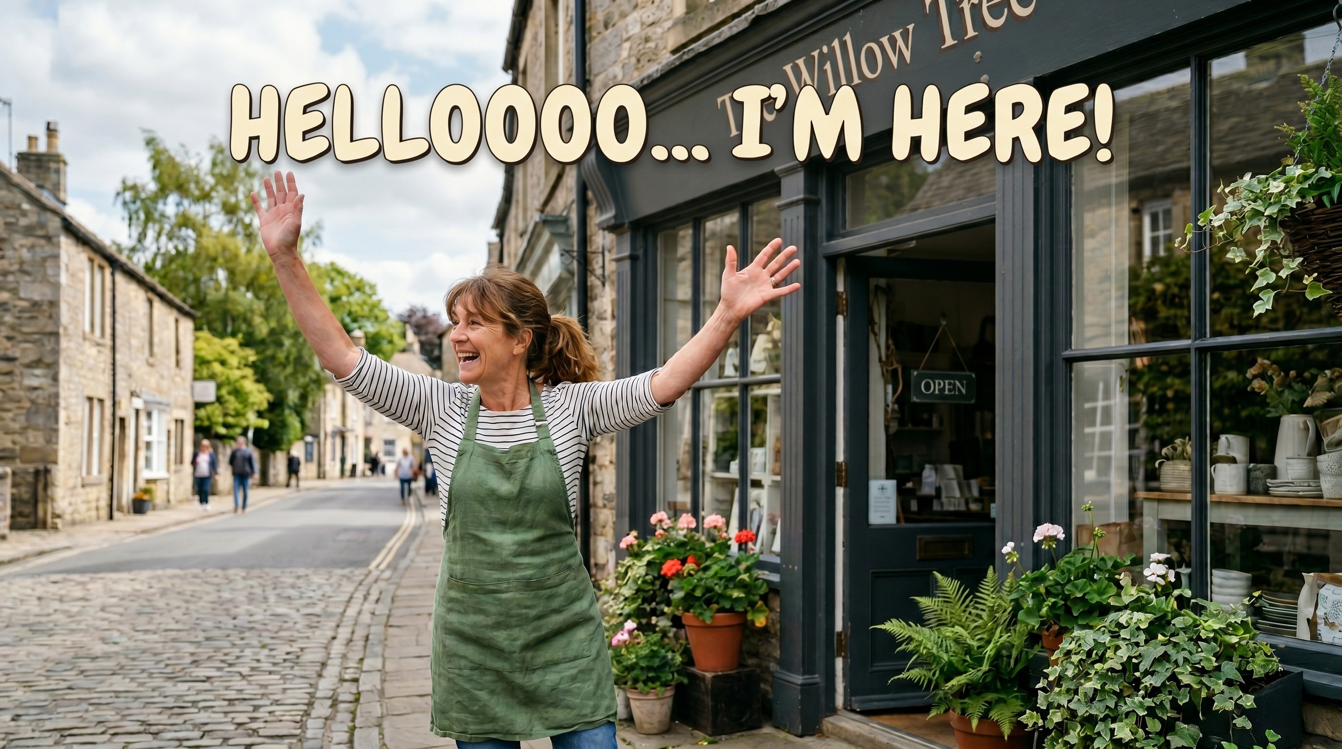 SHOP keeper outside in front of her shop with her arms in the air saying Hello, Im here