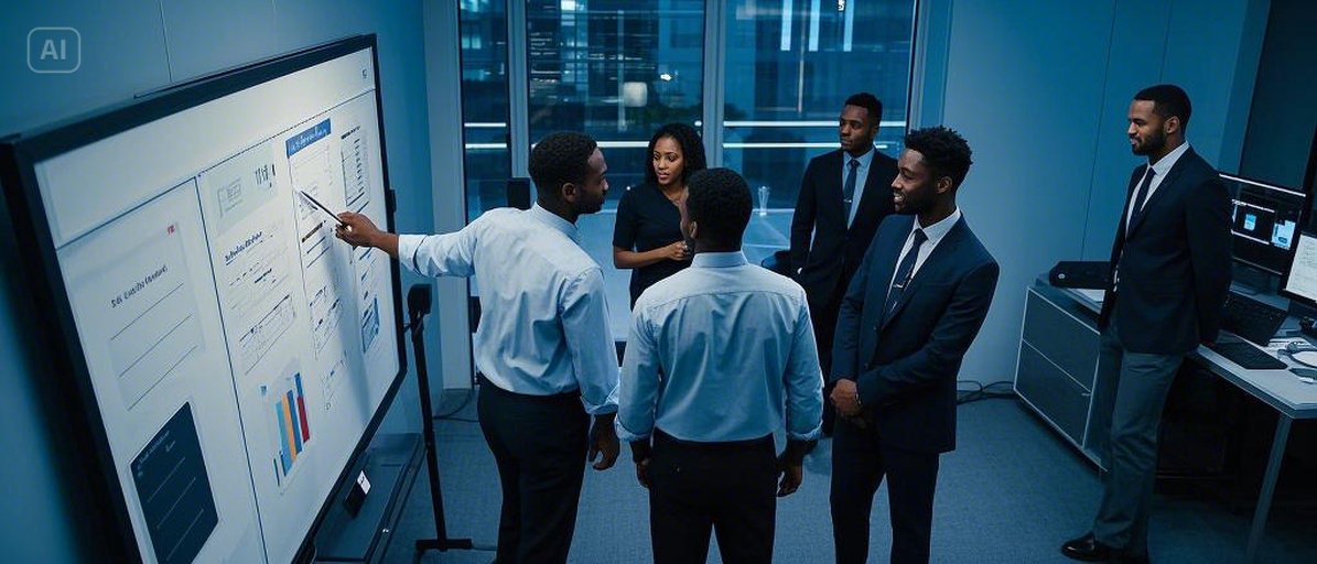 Image of Black Africa Designers that work together as a team  in front of a large monitor imprinted on it the word "veloxGrid"