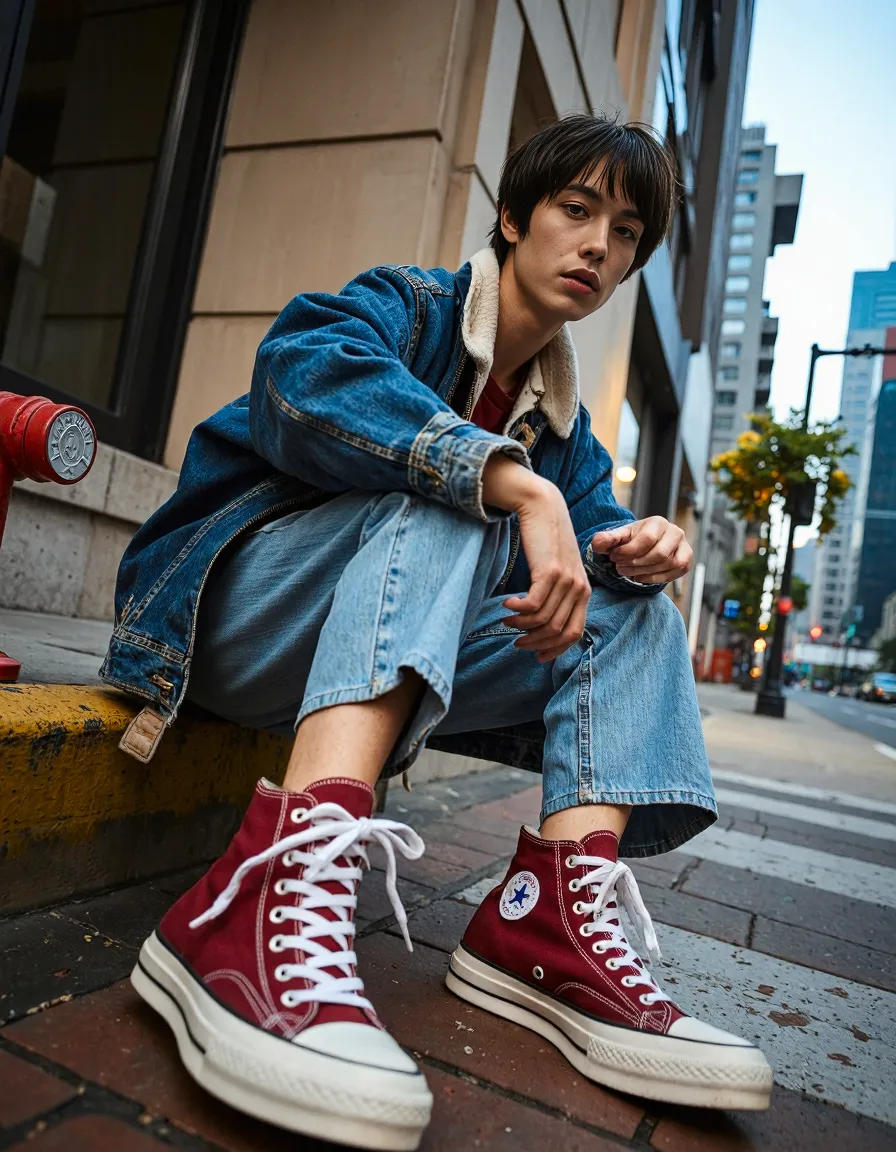 Street style photography featuring denim jacket and jeans with red high-top sneakers against urban cityscape background