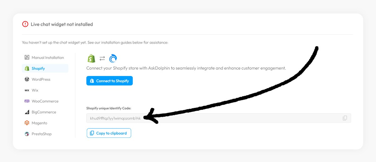AskDolphin Shopify installation screen highlighting the Shopify unique Identify Code field with an arrow pointing to the code.