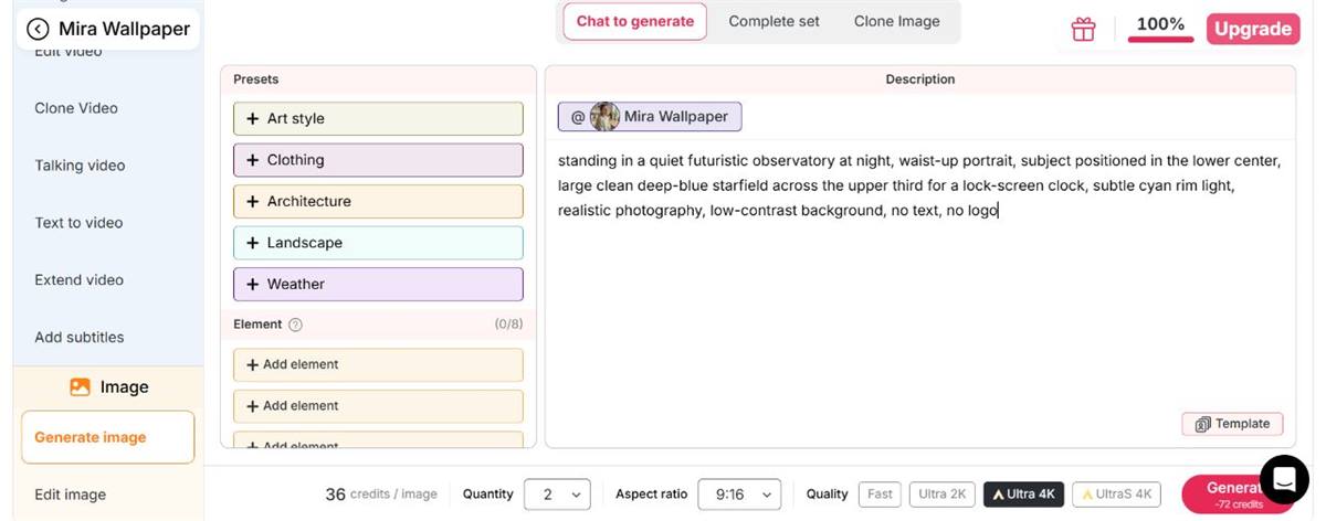 Writing a people wallpaper prompt and selecting a 9:16 ratio in APOB AI